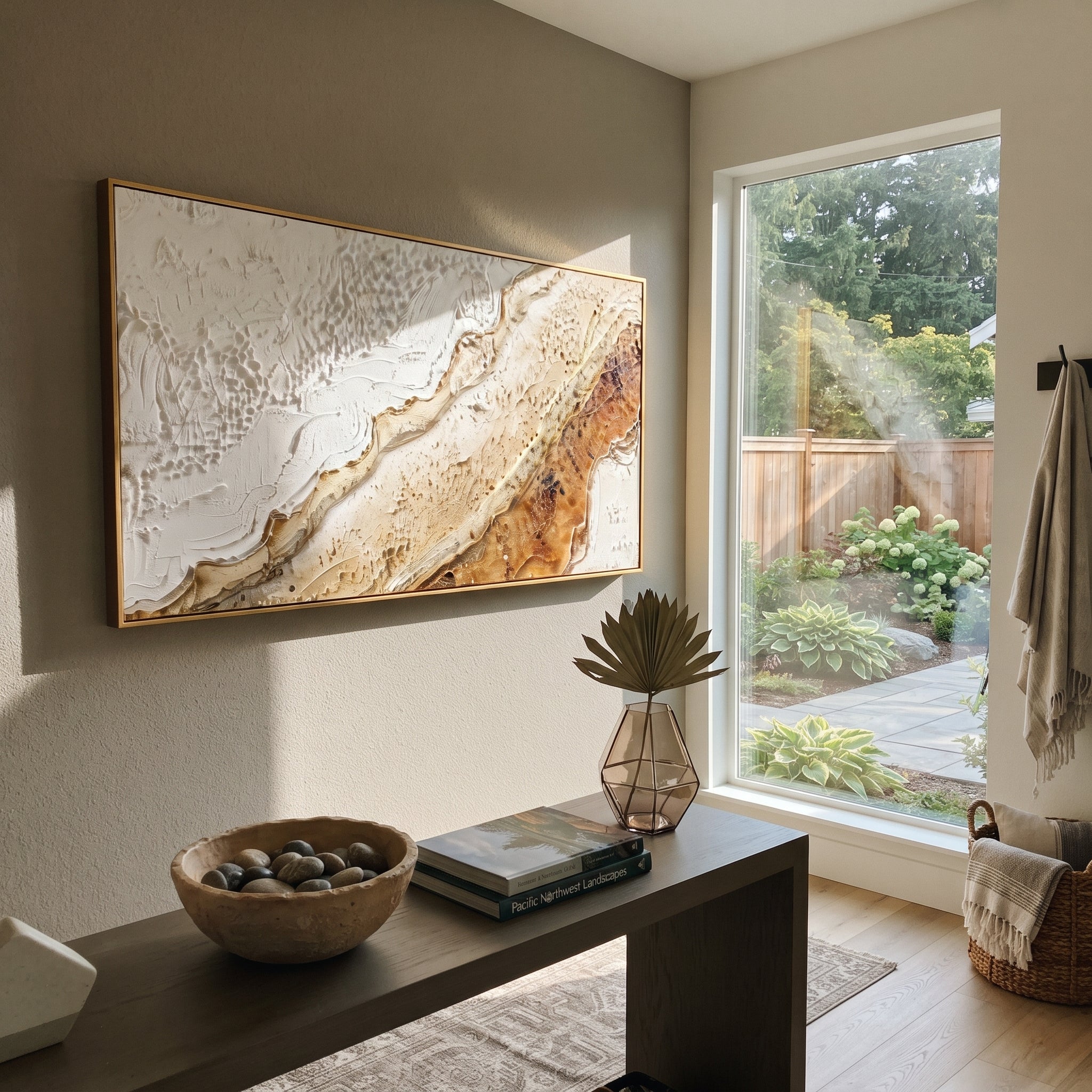 Brown Gold Topographic Relief focuses on this hand-painted textured canvas features warm brown and beige topographic bands with white plaster fields, raised ridges, and mineral surface detail. The composition is described from the actual main image, so the visible subject, color balance, spacing, and surface movement stay specific to this product instead of reading like a batch title. Raised palette-knife layers, sculpted impasto ridges, softened brush transitions, and tactile handmade texture