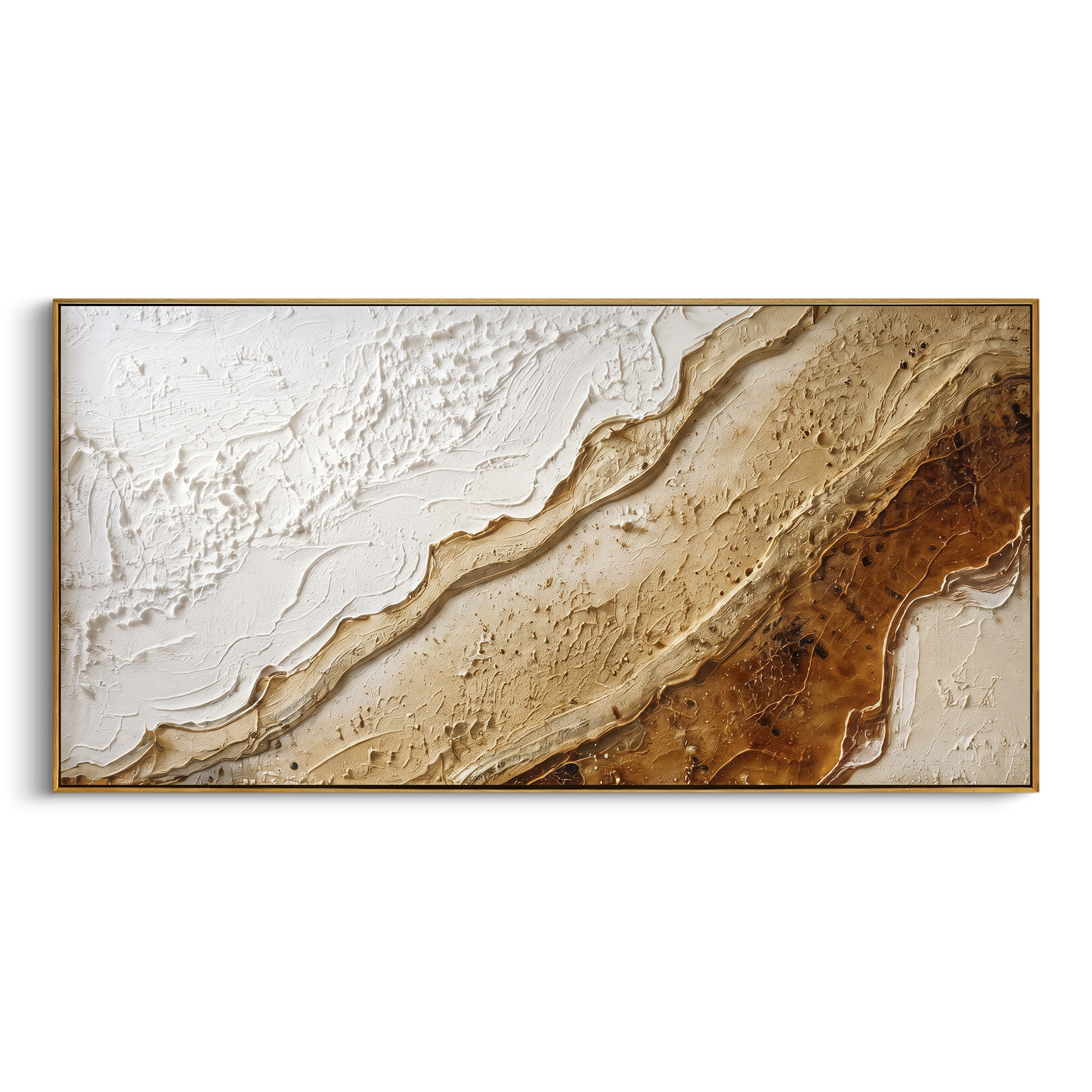 Brown Gold Topographic Relief focuses on this hand-painted textured canvas features warm brown and beige topographic bands with white plaster fields, raised ridges, and mineral surface detail. The composition is described from the actual main image, so the visible subject, color balance, spacing, and surface movement stay specific to this product instead of reading like a batch title. Raised palette-knife layers, sculpted impasto ridges, softened brush transitions, and tactile handmade texture