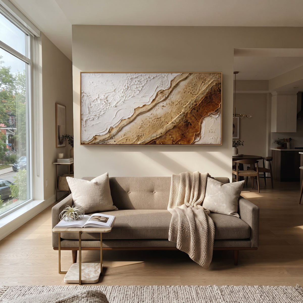 Brown Gold Topographic Relief focuses on this hand-painted textured canvas features warm brown and beige topographic bands with white plaster fields, raised ridges, and mineral surface detail. The composition is described from the actual main image, so the visible subject, color balance, spacing, and surface movement stay specific to this product instead of reading like a batch title. Raised palette-knife layers, sculpted impasto ridges, softened brush transitions, and tactile handmade texture