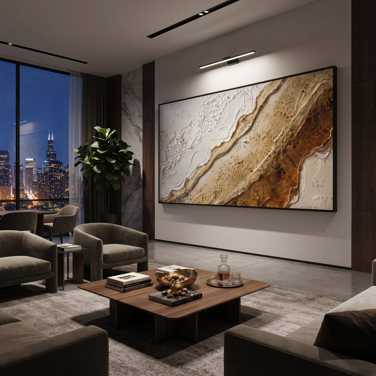 Brown Gold Topographic Relief focuses on this hand-painted textured canvas features warm brown and beige topographic bands with white plaster fields, raised ridges, and mineral surface detail. The composition is described from the actual main image, so the visible subject, color balance, spacing, and surface movement stay specific to this product instead of reading like a batch title. Raised palette-knife layers, sculpted impasto ridges, softened brush transitions, and tactile handmade texture