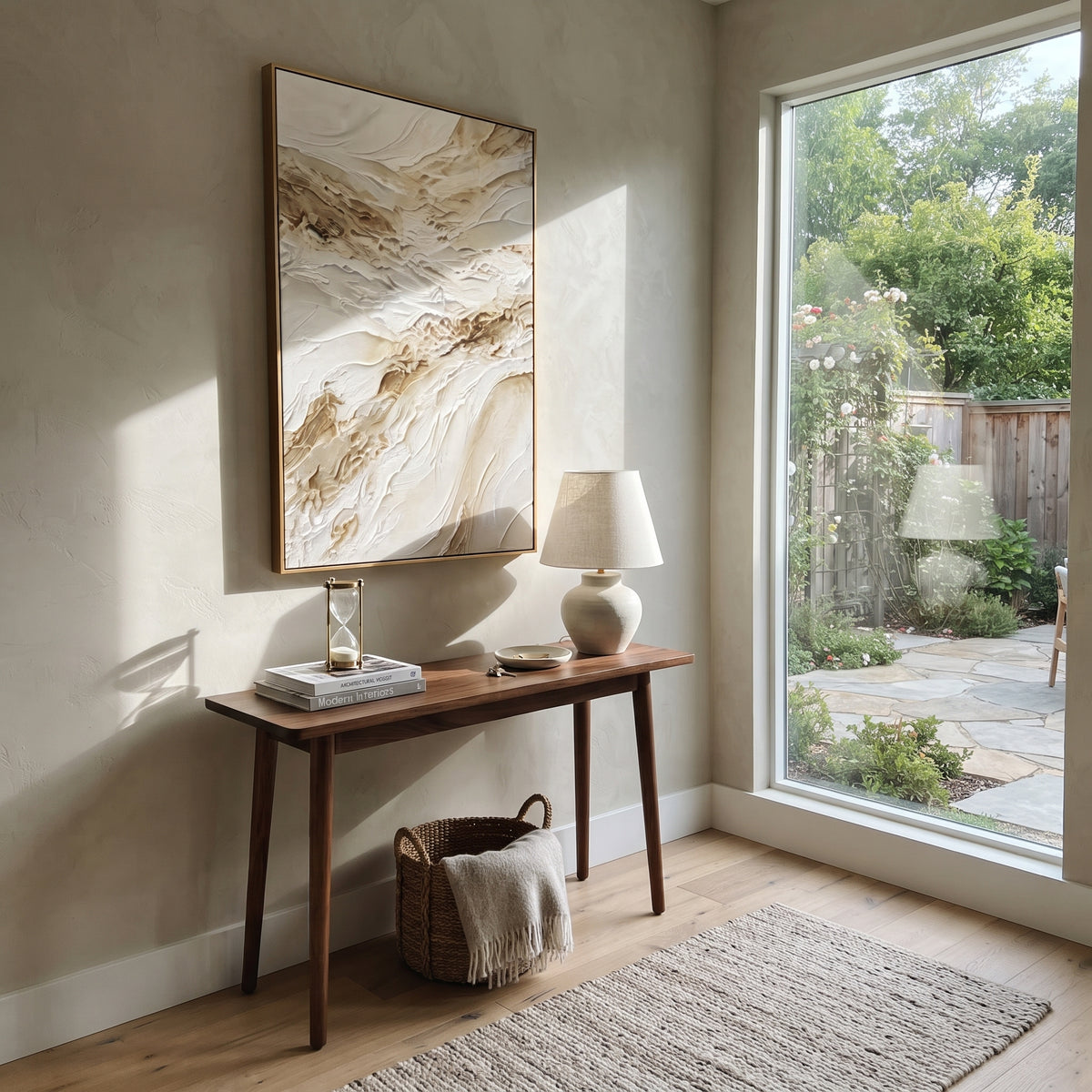 Warm Neutral Abstract Relief focuses on this hand-painted textured canvas features warm neutral plaster strokes with brown mineral accents, raised diagonal movement, and soft ivory texture. The composition is described from the actual main image, so the visible subject, color balance, spacing, and surface movement stay specific to this product instead of reading like a batch title. Raised palette-knife layers, sculpted impasto ridges, softened brush transitions, and tactile handmade texture give