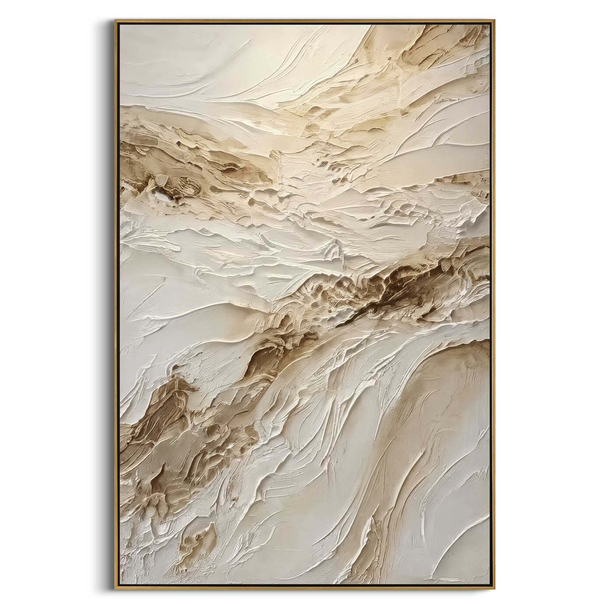 Warm Neutral Abstract Relief focuses on this hand-painted textured canvas features warm neutral plaster strokes with brown mineral accents, raised diagonal movement, and soft ivory texture. The composition is described from the actual main image, so the visible subject, color balance, spacing, and surface movement stay specific to this product instead of reading like a batch title. Raised palette-knife layers, sculpted impasto ridges, softened brush transitions, and tactile handmade texture give