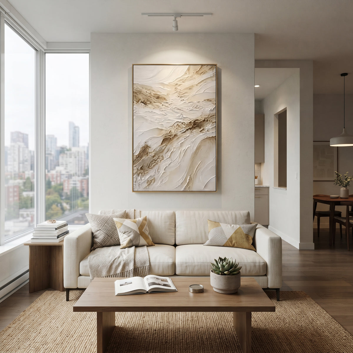 Warm Neutral Abstract Relief focuses on this hand-painted textured canvas features warm neutral plaster strokes with brown mineral accents, raised diagonal movement, and soft ivory texture. The composition is described from the actual main image, so the visible subject, color balance, spacing, and surface movement stay specific to this product instead of reading like a batch title. Raised palette-knife layers, sculpted impasto ridges, softened brush transitions, and tactile handmade texture give