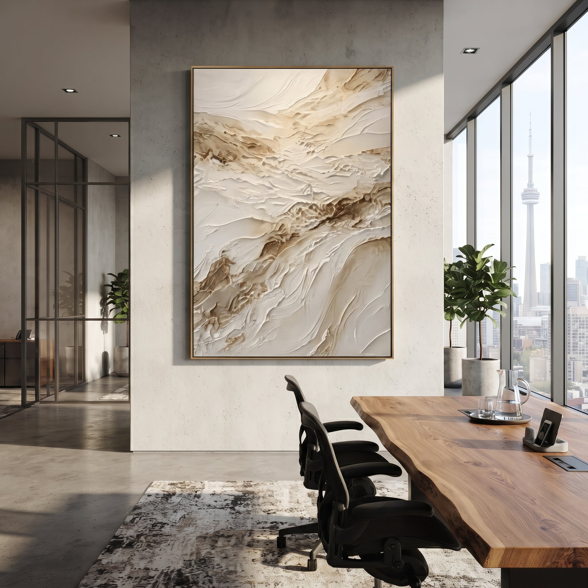 Warm Neutral Abstract Relief focuses on this hand-painted textured canvas features warm neutral plaster strokes with brown mineral accents, raised diagonal movement, and soft ivory texture. The composition is described from the actual main image, so the visible subject, color balance, spacing, and surface movement stay specific to this product instead of reading like a batch title. Raised palette-knife layers, sculpted impasto ridges, softened brush transitions, and tactile handmade texture give