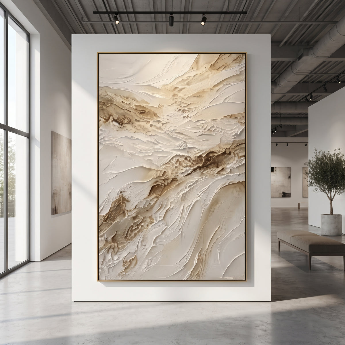 Warm Neutral Abstract Relief focuses on this hand-painted textured canvas features warm neutral plaster strokes with brown mineral accents, raised diagonal movement, and soft ivory texture. The composition is described from the actual main image, so the visible subject, color balance, spacing, and surface movement stay specific to this product instead of reading like a batch title. Raised palette-knife layers, sculpted impasto ridges, softened brush transitions, and tactile handmade texture give