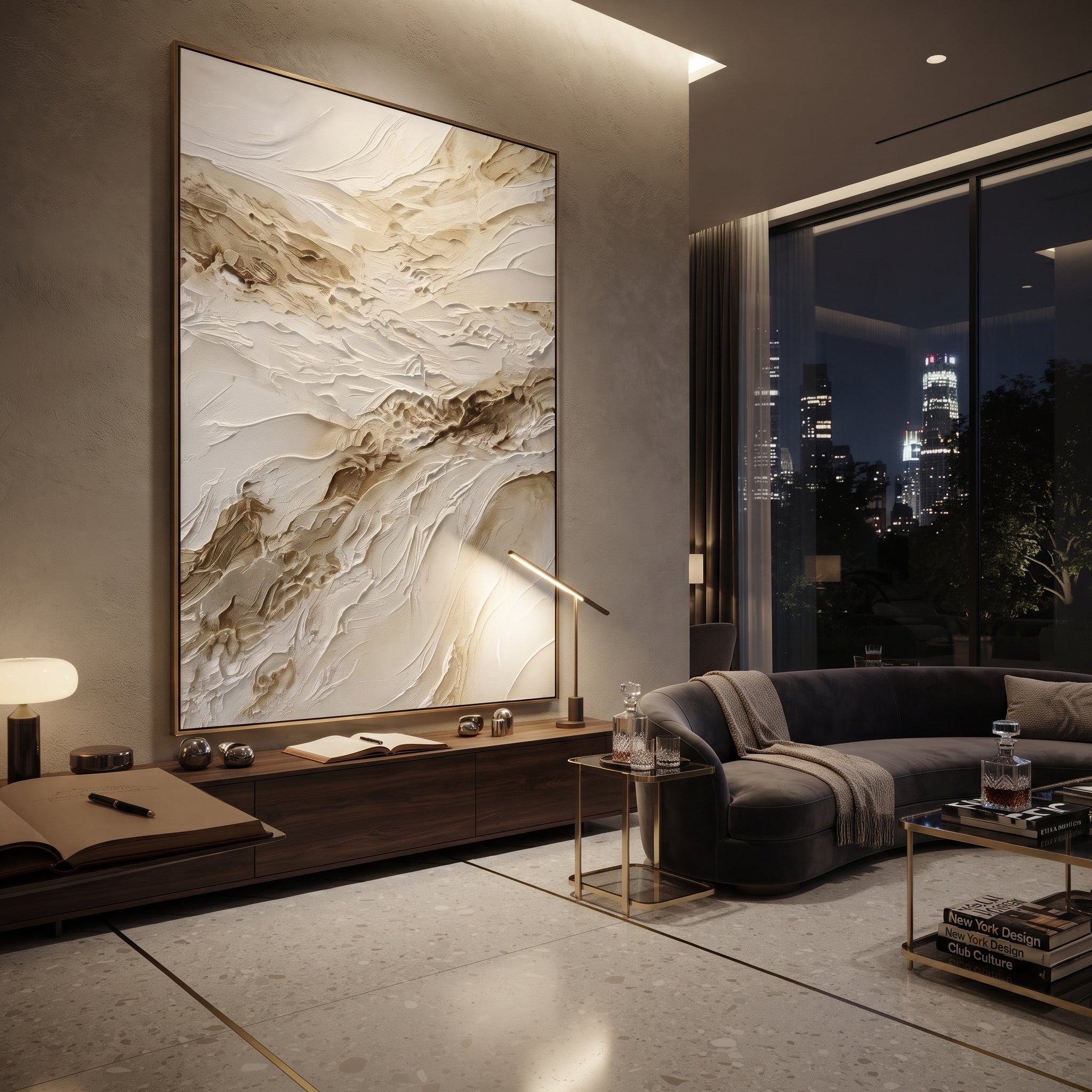 Warm Neutral Abstract Relief focuses on this hand-painted textured canvas features warm neutral plaster strokes with brown mineral accents, raised diagonal movement, and soft ivory texture. The composition is described from the actual main image, so the visible subject, color balance, spacing, and surface movement stay specific to this product instead of reading like a batch title. Raised palette-knife layers, sculpted impasto ridges, softened brush transitions, and tactile handmade texture give