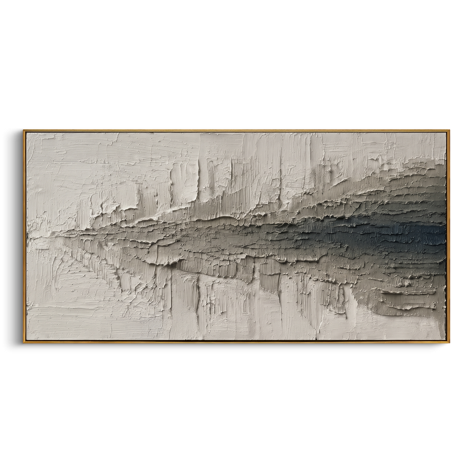 Grey Layered City Relief focuses on this hand-painted textured canvas features a wide grey and white layered relief suggesting a city skyline or cliff strata with dark horizontal depth. The composition is described from the actual main image, so the visible subject, color balance, spacing, and surface movement stay specific to this product instead of reading like a batch title. Raised palette-knife layers, sculpted impasto ridges, softened brush transitions, and tactile handmade texture give the