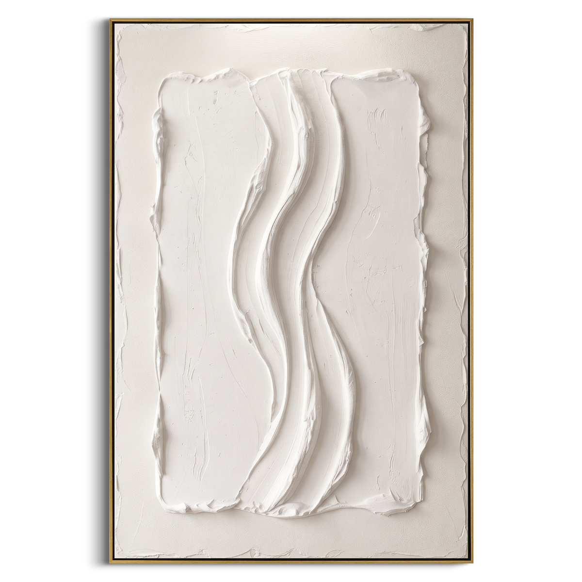 White Raised Ribbon Relief focuses on this hand-painted textured canvas features a white rectangular relief slab with raised flowing center ribbons and soft plaster edge detail. The composition is described from the actual main image, so the visible subject, color balance, spacing, and surface movement stay specific to this product instead of reading like a batch title. Raised palette-knife layers, sculpted impasto ridges, softened brush transitions, and tactile handmade texture give the canvas
