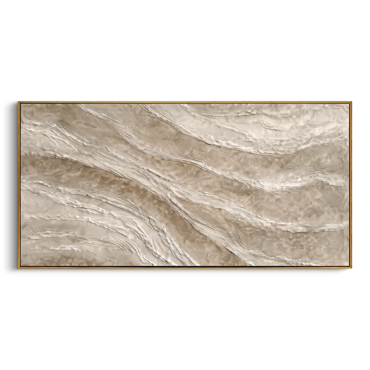 Beige Striated Texture Relief focuses on this hand-painted textured canvas features a wide beige plaster field with fine striated white ridges and softly layered natural texture. The composition is described from the actual main image, so the visible subject, color balance, spacing, and surface movement stay specific to this product instead of reading like a batch title. Raised palette-knife layers, sculpted impasto ridges, softened brush transitions, and tactile handmade texture give the canvas