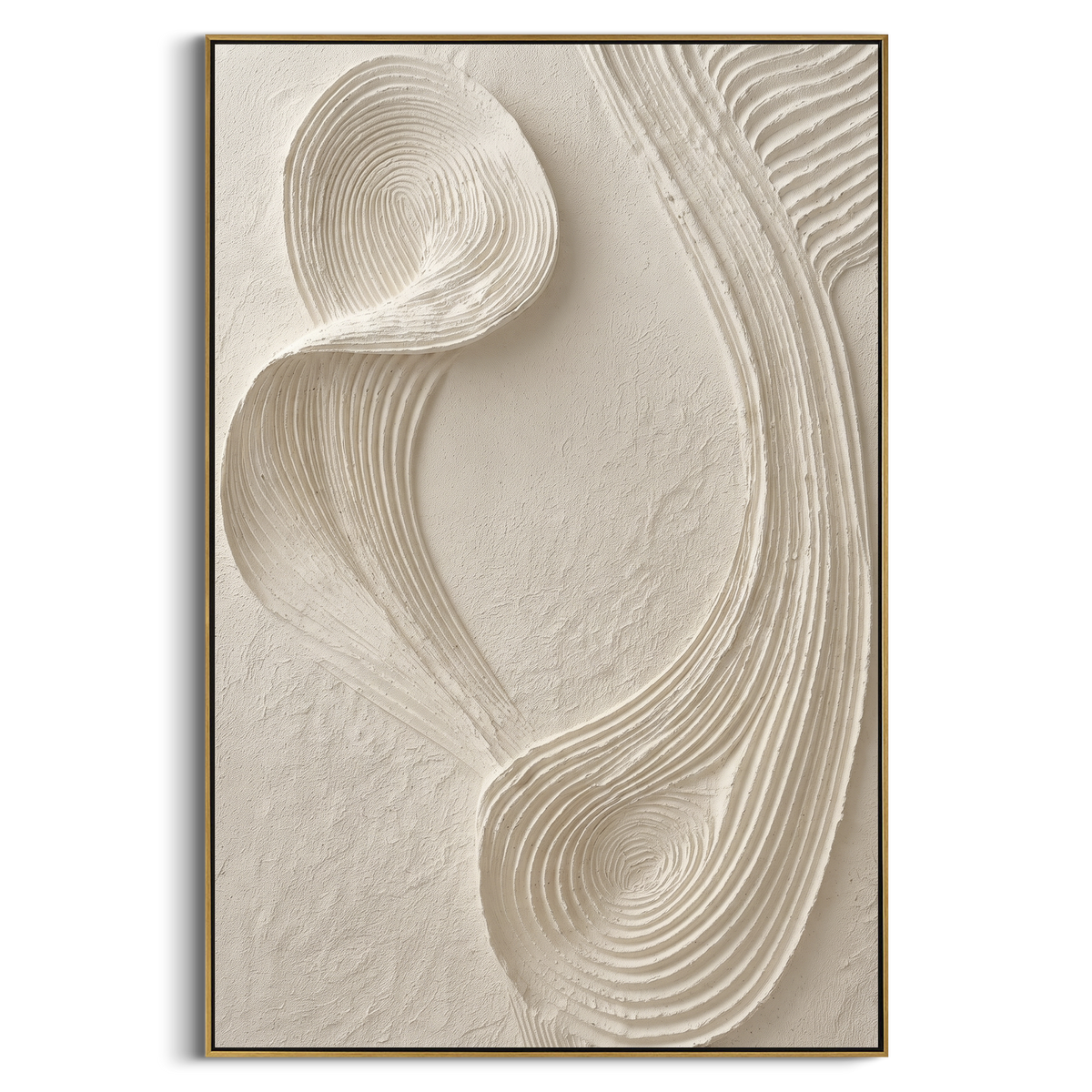 Ribbed Loop Plaster Relief focuses on this hand-painted textured canvas features interlocking ribbed loop forms carved into neutral plaster with soft sculptural shadows. The composition is described from the actual main image, so the visible subject, color balance, spacing, and surface movement stay specific to this product instead of reading like a batch title. Raised palette-knife layers, sculpted impasto ridges, softened brush transitions, and tactile handmade texture give the canvas