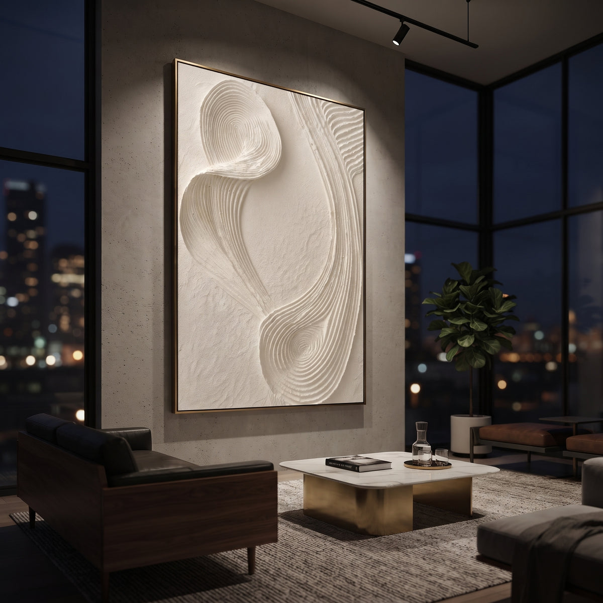 Ribbed Loop Plaster Relief focuses on this hand-painted textured canvas features interlocking ribbed loop forms carved into neutral plaster with soft sculptural shadows. The composition is described from the actual main image, so the visible subject, color balance, spacing, and surface movement stay specific to this product instead of reading like a batch title. Raised palette-knife layers, sculpted impasto ridges, softened brush transitions, and tactile handmade texture give the canvas