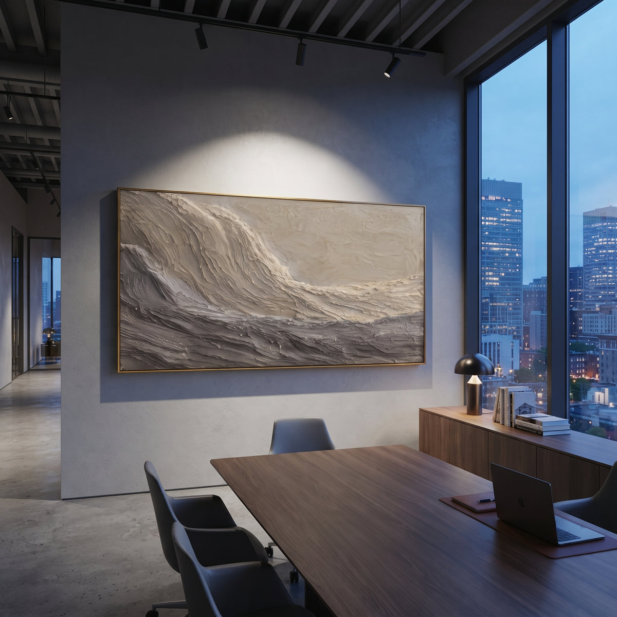 Grey Storm Wave Relief focuses on this hand-painted textured canvas features a wide grey storm-like wave with layered ridges, ivory highlights, and heavy horizontal plaster movement. The composition is described from the actual main image, so the visible subject, color balance, spacing, and surface movement stay specific to this product instead of reading like a batch title. Raised palette-knife layers, sculpted impasto ridges, softened brush transitions, and tactile handmade texture give the