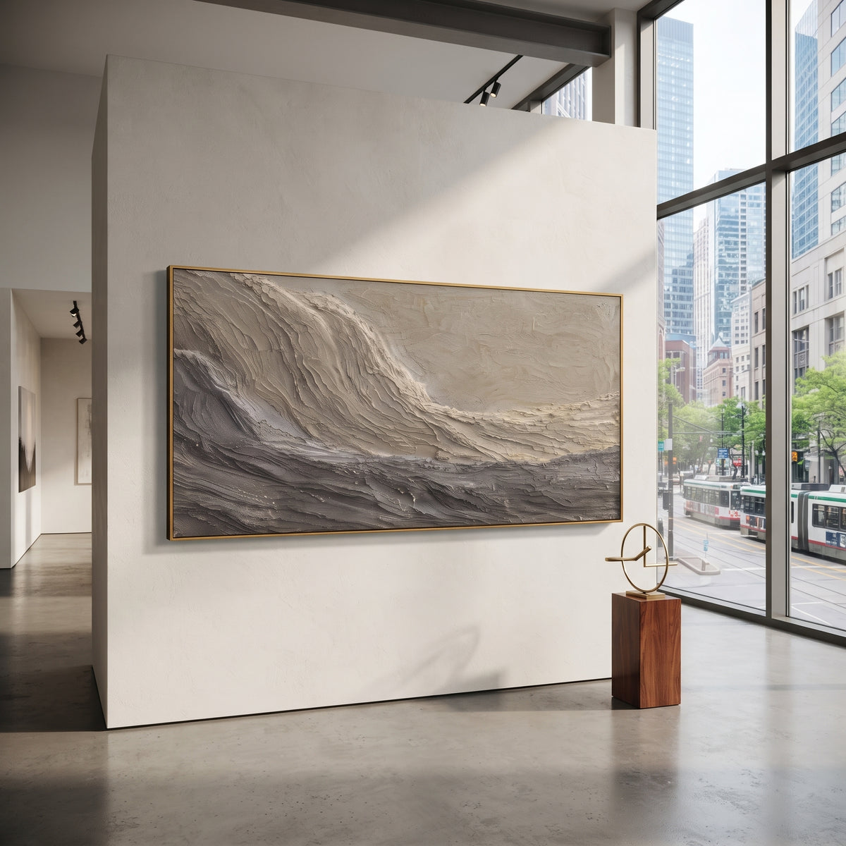 Grey Storm Wave Relief focuses on this hand-painted textured canvas features a wide grey storm-like wave with layered ridges, ivory highlights, and heavy horizontal plaster movement. The composition is described from the actual main image, so the visible subject, color balance, spacing, and surface movement stay specific to this product instead of reading like a batch title. Raised palette-knife layers, sculpted impasto ridges, softened brush transitions, and tactile handmade texture give the