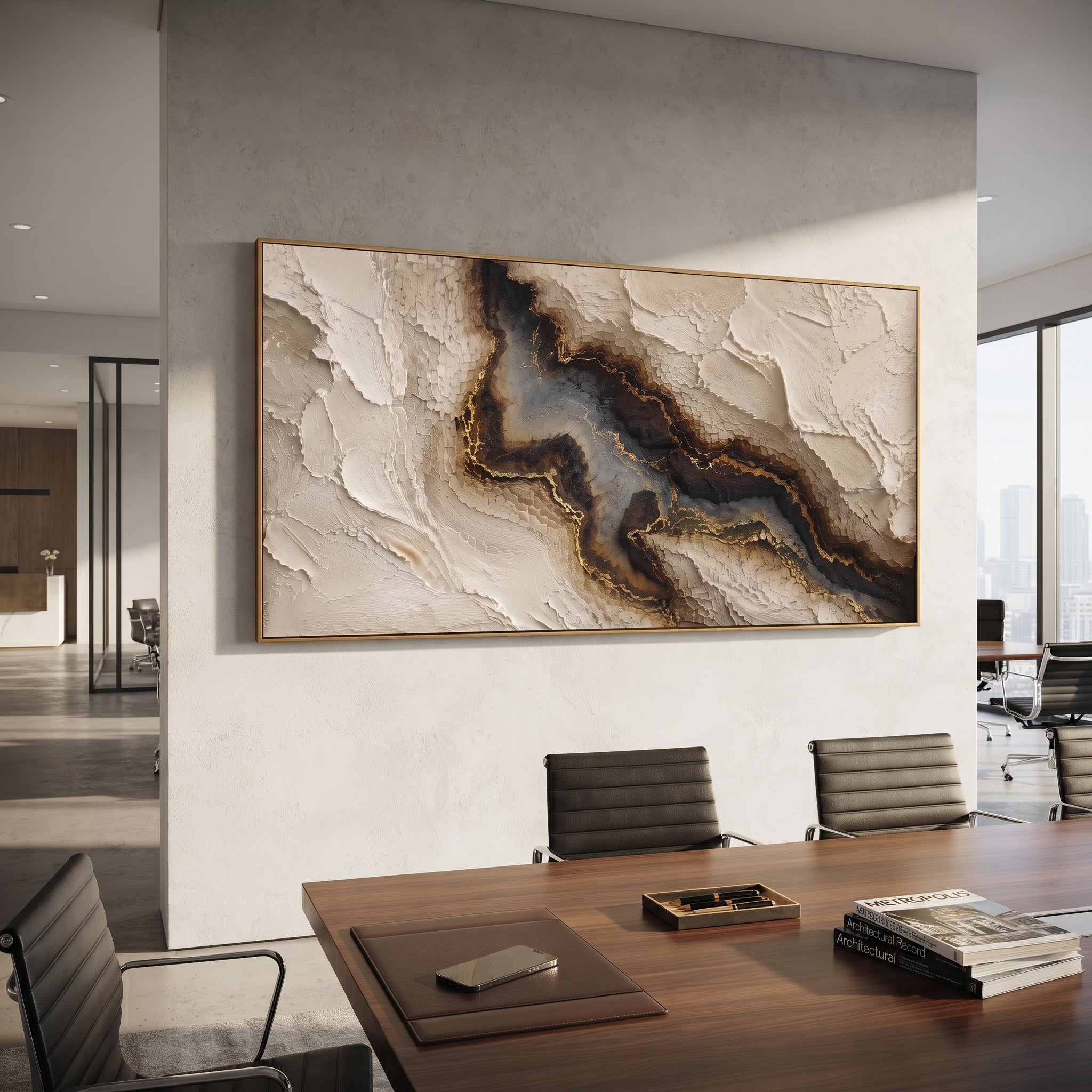 Black Gold Stone Vein Relief focuses on this hand-painted textured canvas features a dark black and brown mineral vein edged with gold against layered ivory plaster texture. The composition is described from the actual main image, so the visible subject, color balance, spacing, and surface movement stay specific to this product instead of reading like a batch title. Raised palette-knife layers, sculpted impasto ridges, softened brush transitions, and tactile handmade texture give the canvas