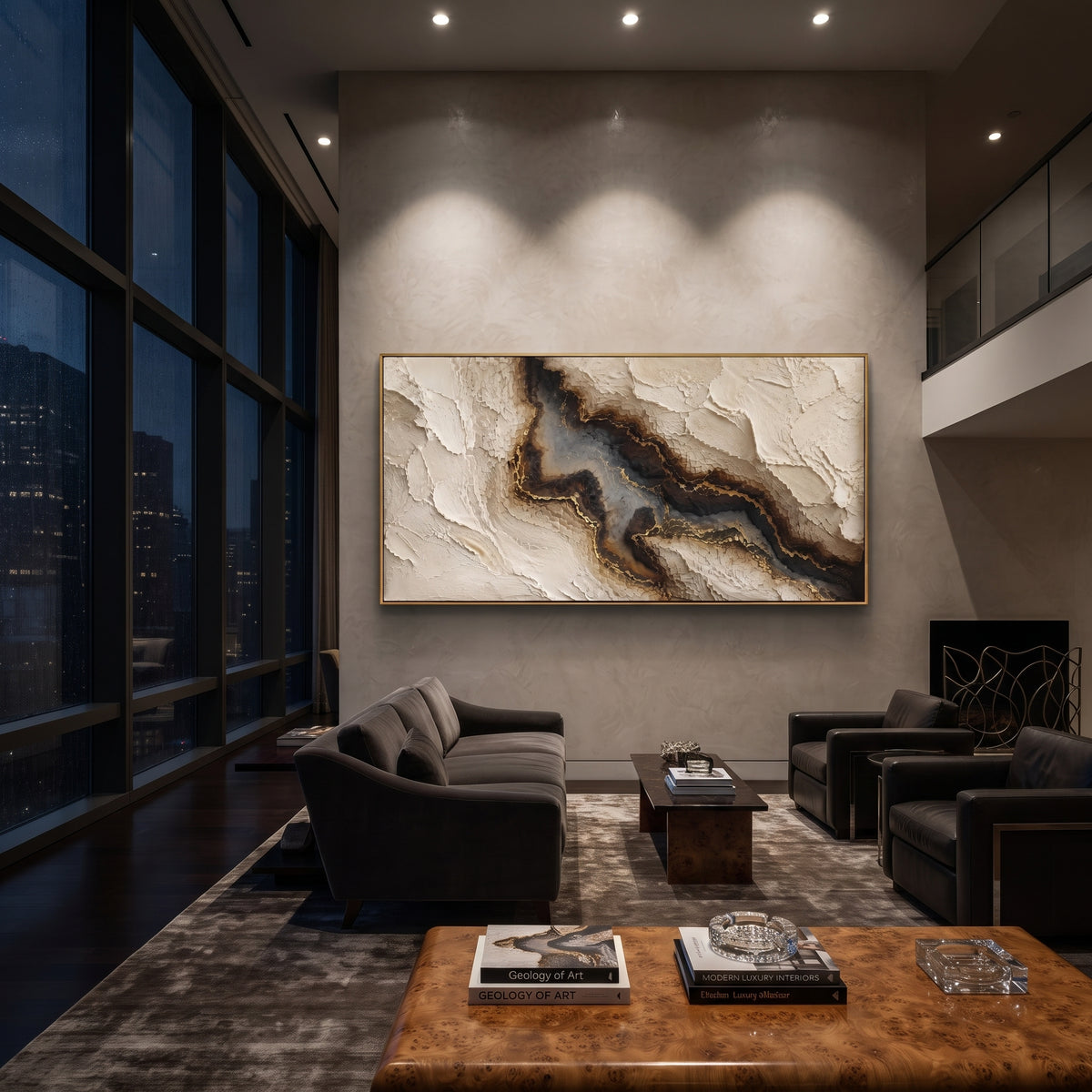 Black Gold Stone Vein Relief focuses on this hand-painted textured canvas features a dark black and brown mineral vein edged with gold against layered ivory plaster texture. The composition is described from the actual main image, so the visible subject, color balance, spacing, and surface movement stay specific to this product instead of reading like a batch title. Raised palette-knife layers, sculpted impasto ridges, softened brush transitions, and tactile handmade texture give the canvas