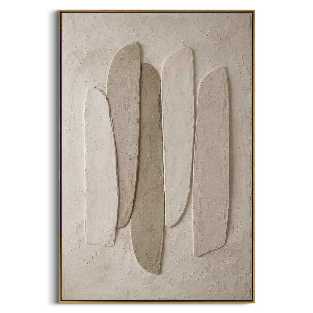 White Stacked Stone Relief focuses on this hand-painted textured canvas features stacked rounded white stone-like forms floating over a quiet textured plaster ground. The composition is described from the actual main image, so the visible subject, color balance, spacing, and surface movement stay specific to this product instead of reading like a batch title. Raised palette-knife layers, sculpted impasto ridges, softened brush transitions, and tactile handmade texture give the canvas dimensional