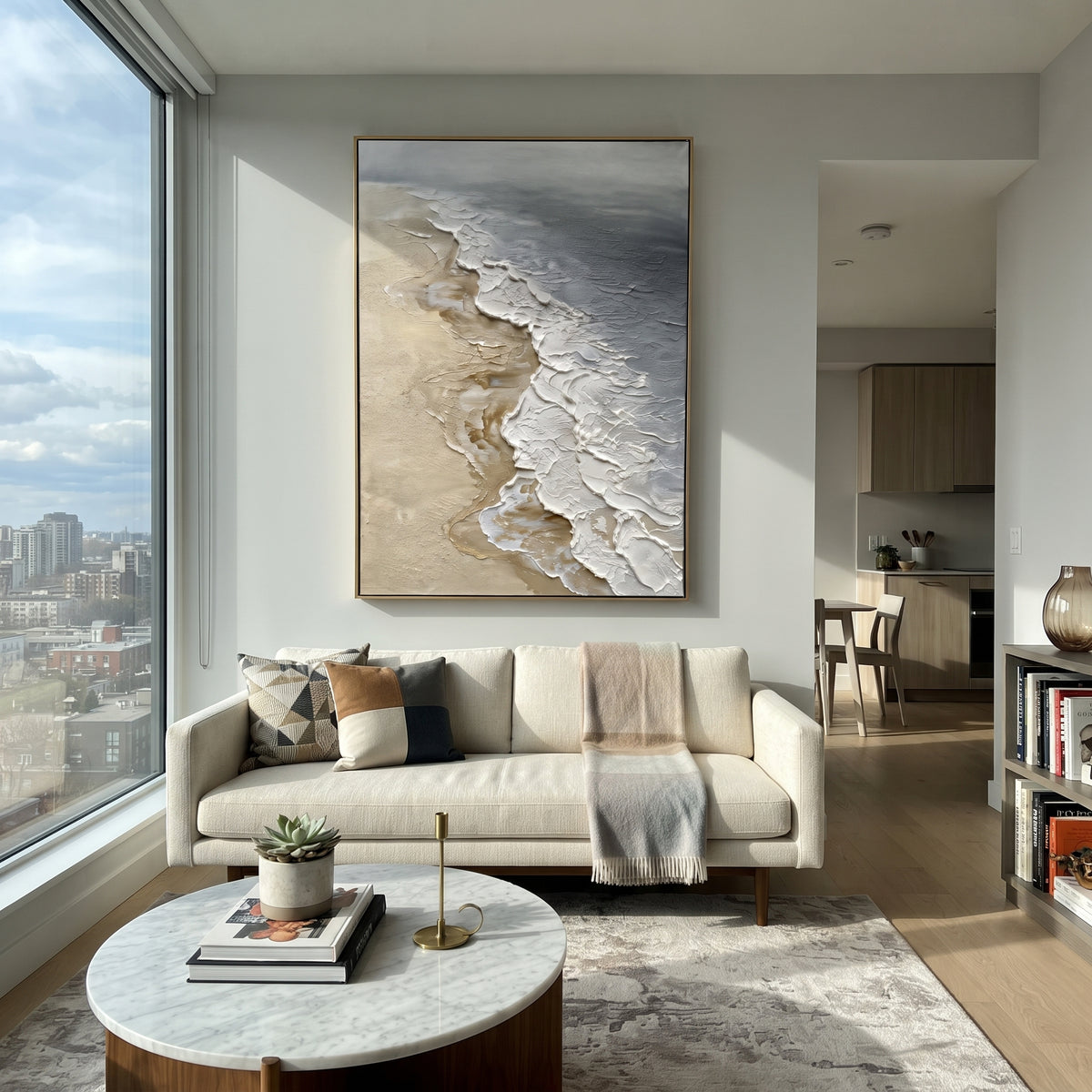 Neutral Foamy Shoreline Relief focuses on this hand-painted textured canvas features a vertical aerial shore with sandy beige texture, raised white foam edges, and grey water tones. The title and description are matched to the actual main image, so the visible subject, color balance, spacing, and surface movement stay specific to this product instead of using a repeated batch phrase. Raised palette-knife layers, sculpted impasto ridges, softened brush transitions, and tactile handmade texture