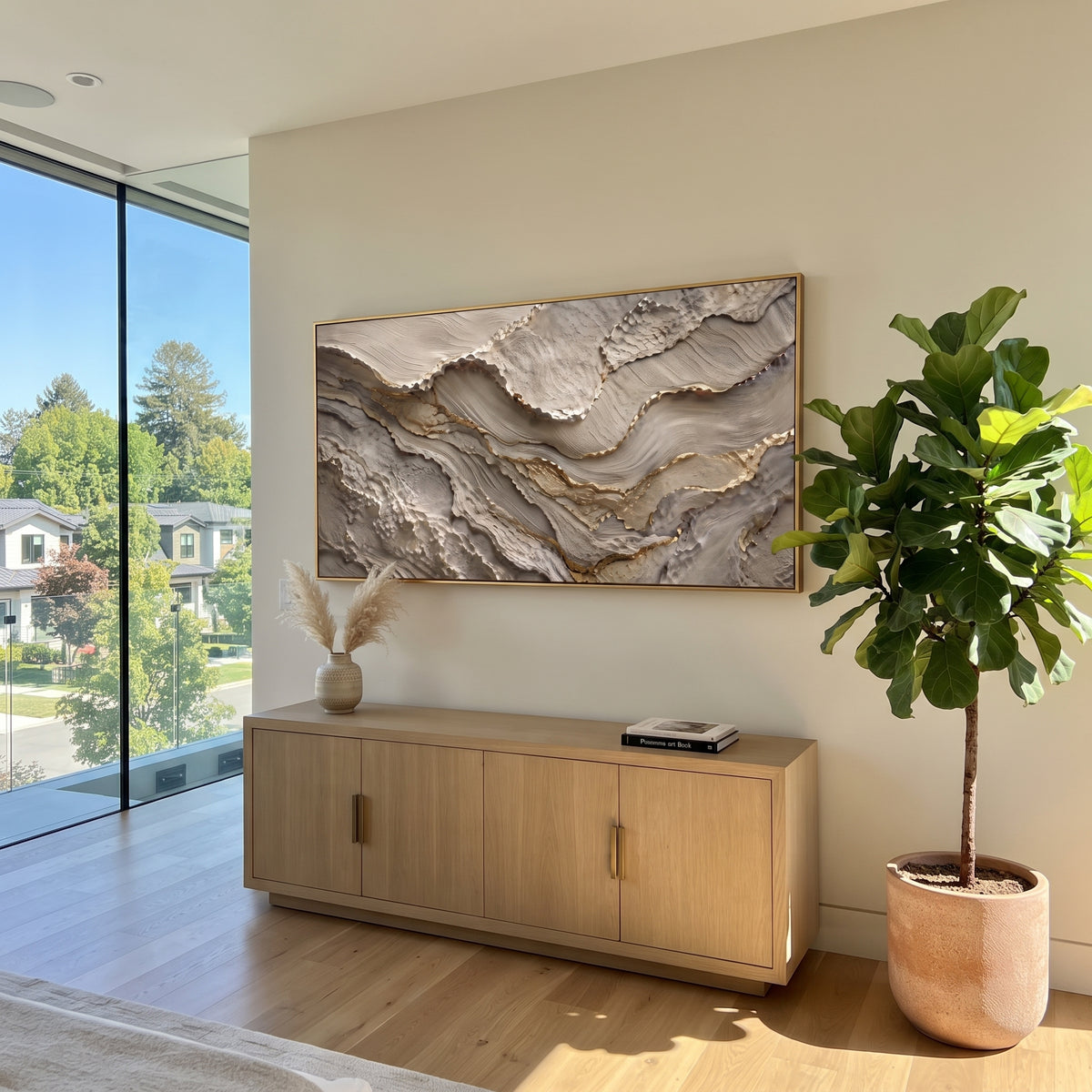 Grey Gold Layered Stone Relief focuses on this hand-painted textured canvas features wide grey layered stone-like bands with gold-edged ridges, carved plaster texture, and mineral depth. The composition is described from the actual main image, so the visible subject, color balance, spacing, and surface movement stay specific to this product instead of reading like a batch title. Raised palette-knife layers, sculpted impasto ridges, softened brush transitions, and tactile handmade texture give