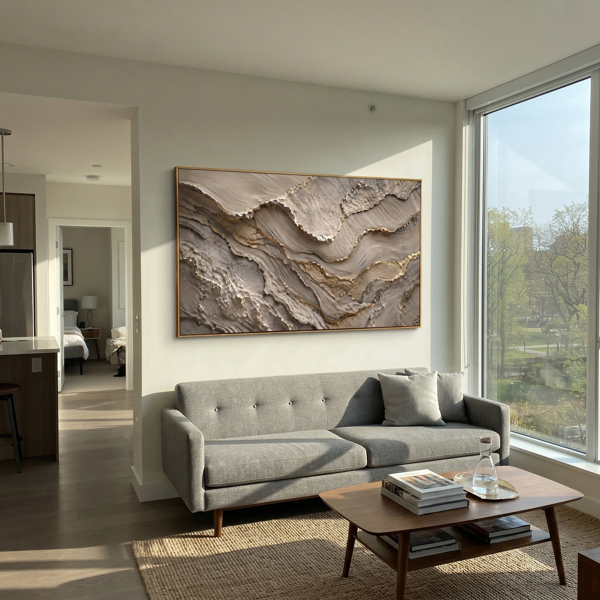 Grey Gold Layered Stone Relief focuses on this hand-painted textured canvas features wide grey layered stone-like bands with gold-edged ridges, carved plaster texture, and mineral depth. The composition is described from the actual main image, so the visible subject, color balance, spacing, and surface movement stay specific to this product instead of reading like a batch title. Raised palette-knife layers, sculpted impasto ridges, softened brush transitions, and tactile handmade texture give