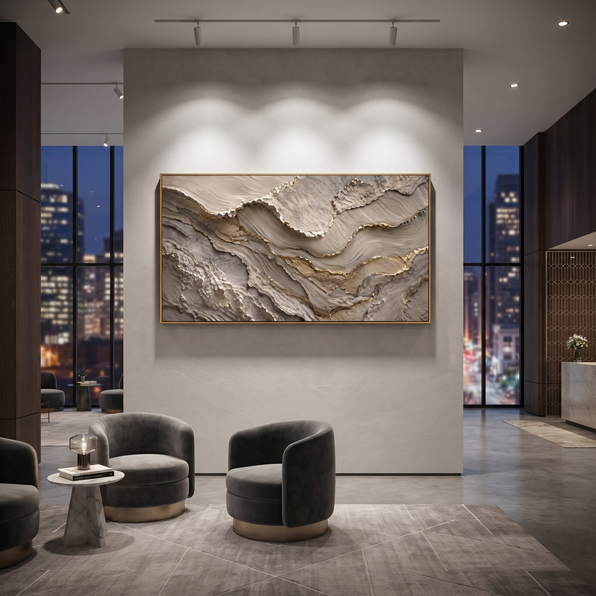 Grey Gold Layered Stone Relief focuses on this hand-painted textured canvas features wide grey layered stone-like bands with gold-edged ridges, carved plaster texture, and mineral depth. The composition is described from the actual main image, so the visible subject, color balance, spacing, and surface movement stay specific to this product instead of reading like a batch title. Raised palette-knife layers, sculpted impasto ridges, softened brush transitions, and tactile handmade texture give