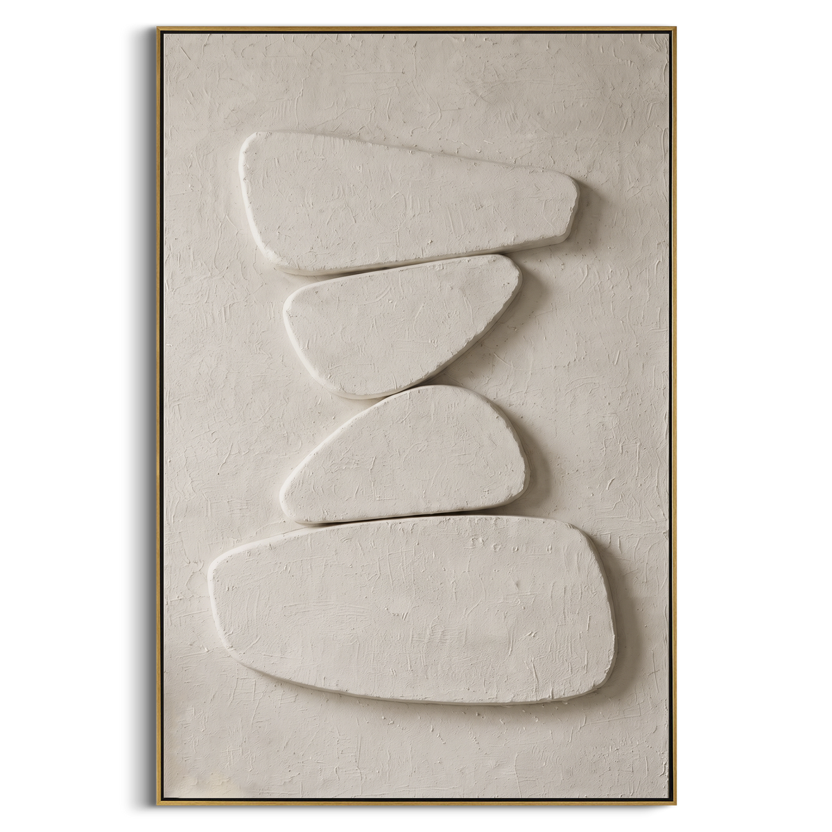 White Balanced Stone Relief focuses on this hand-painted textured canvas features balanced rounded white stone forms stacked in a calm vertical composition over a textured wall surface. The composition is described from the actual main image, so the visible subject, color balance, spacing, and surface movement stay specific to this product instead of reading like a batch title. Raised palette-knife layers, sculpted impasto ridges, softened brush transitions, and tactile handmade texture give the