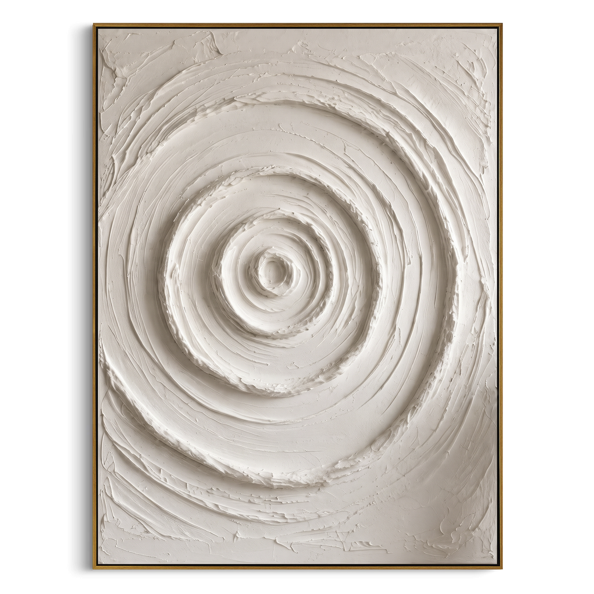 White Concentric Relief focuses on this hand-painted textured canvas features abstract plaster relief, carved organic movement, layered neutral surfaces, and sculptural handmade texture, built with raised palette-knife texture, layered brushwork, and sculptural plaster-like depth. The composition is described from the actual main image, so the visible subject, color balance, spacing, and surface movement stay specific to this product instead of reading like a batch title. Raised palette-knife