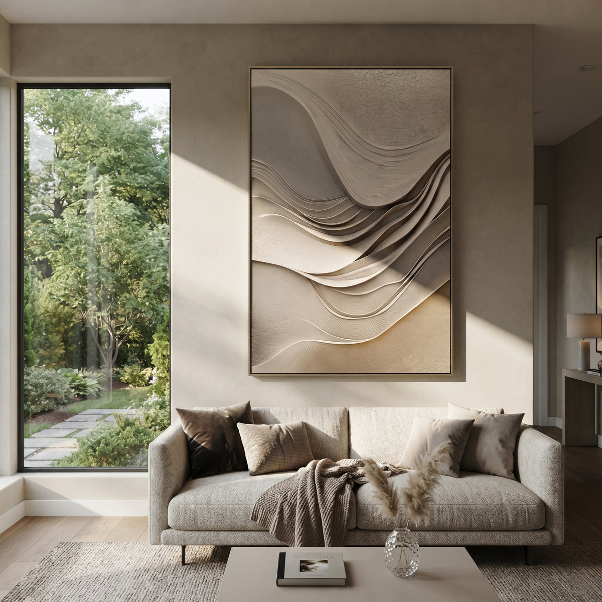 Neutral Flowing Relief focuses on this hand-painted textured canvas features abstract plaster relief, carved organic movement, layered neutral surfaces, and sculptural handmade texture, built with raised palette-knife texture, layered brushwork, and sculptural plaster-like depth. The composition is described from the actual main image, so the visible subject, color balance, spacing, and surface movement stay specific to this product instead of reading like a batch title. Raised palette-knife