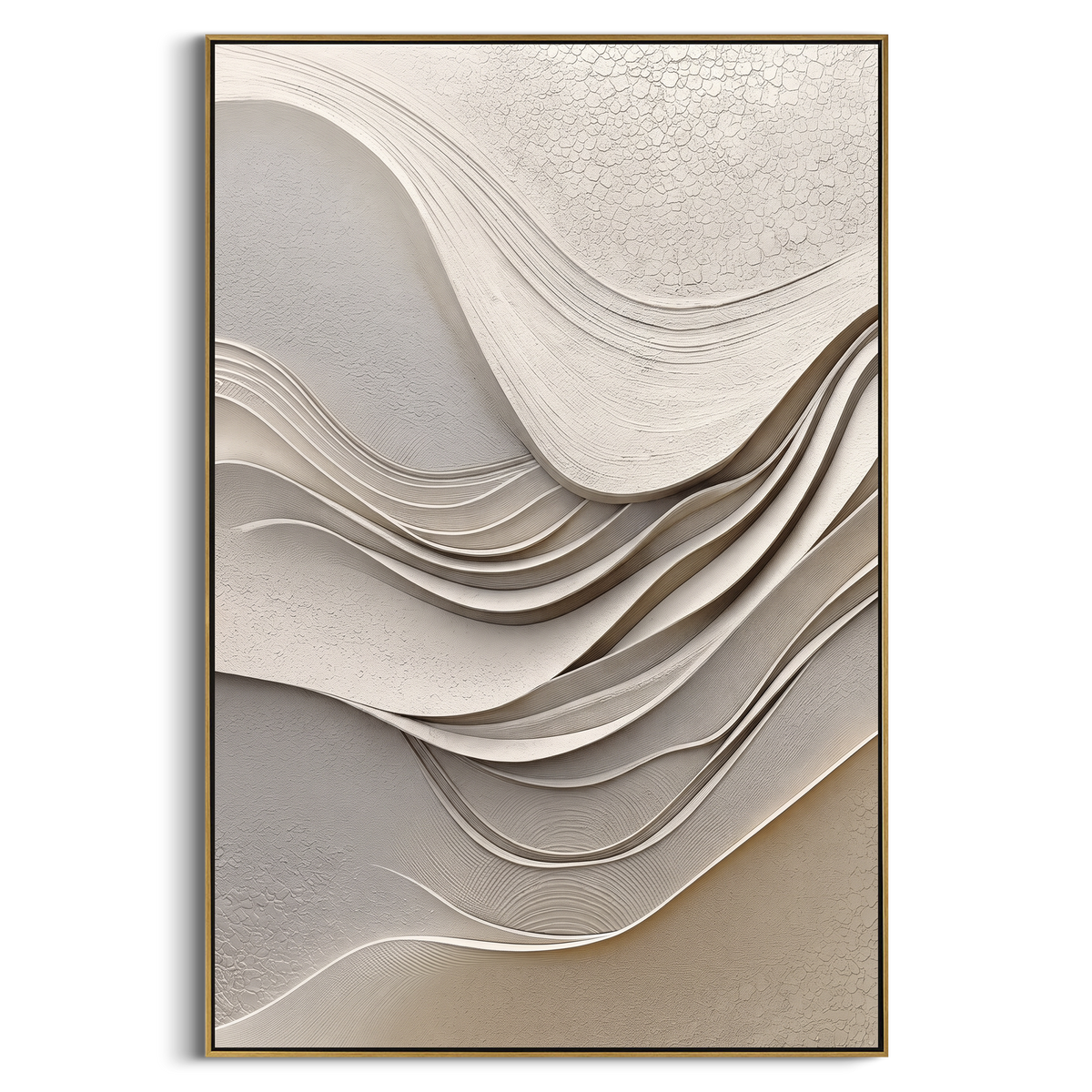 Neutral Flowing Relief focuses on this hand-painted textured canvas features abstract plaster relief, carved organic movement, layered neutral surfaces, and sculptural handmade texture, built with raised palette-knife texture, layered brushwork, and sculptural plaster-like depth. The composition is described from the actual main image, so the visible subject, color balance, spacing, and surface movement stay specific to this product instead of reading like a batch title. Raised palette-knife