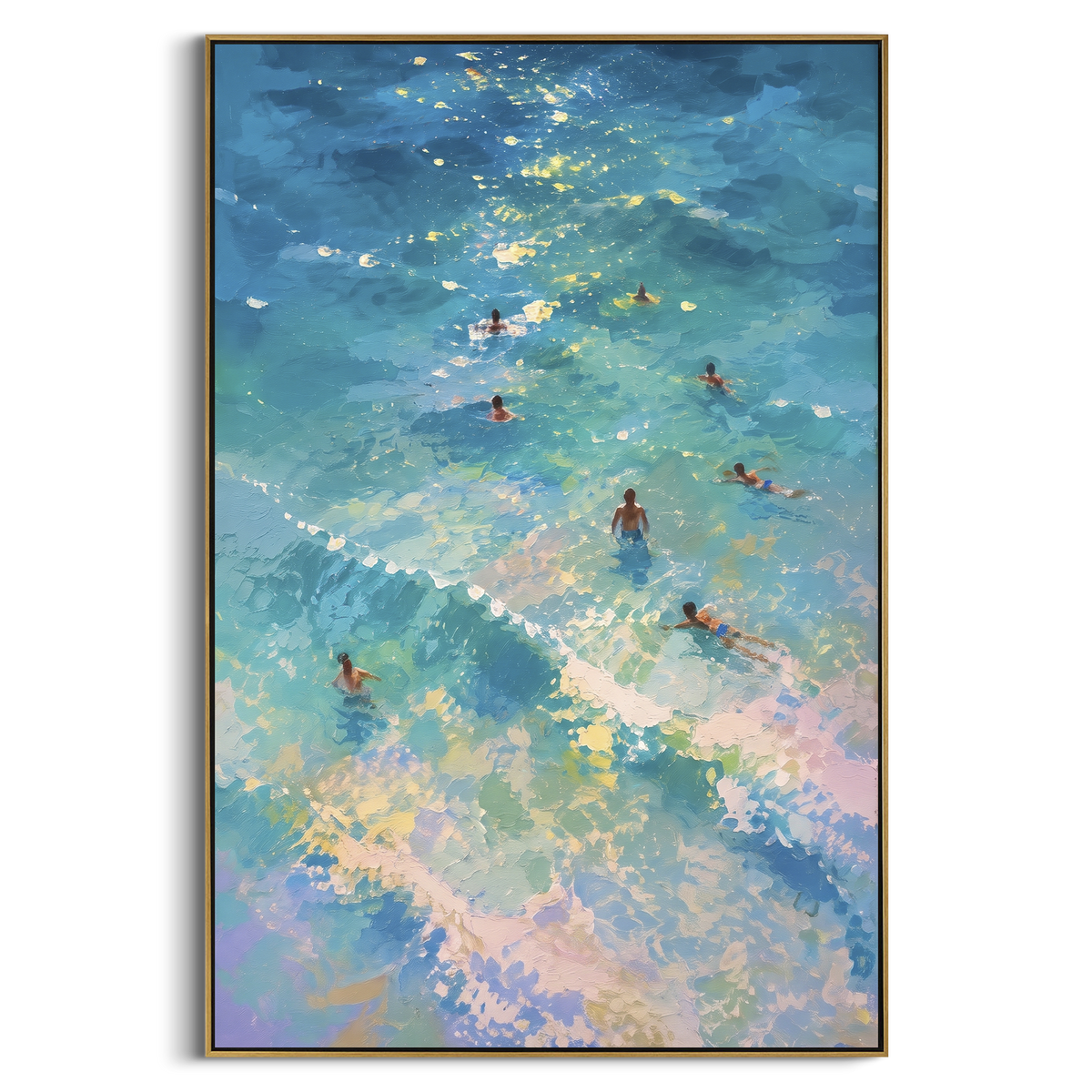 Aerial Swimmers Ocean focuses on this hand-painted textured canvas features coastal surf, raised seafoam, shoreline movement, and layered blue-green water texture, built with raised palette-knife texture, layered brushwork, and sculptural plaster-like depth. The composition is described from the actual main image, so the visible subject, color balance, spacing, and surface movement stay specific to this product instead of reading like a batch title. Raised palette-knife layers, sculpted impasto