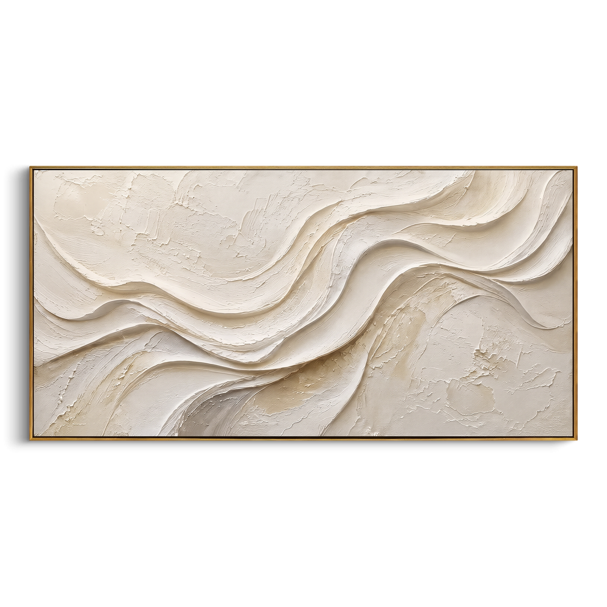 Ivory Wave Relief focuses on this hand-painted textured canvas features geometric relief forms, carved linework, layered plaster blocks, and measured modern surface rhythm, built with raised palette-knife texture, layered brushwork, and sculptural plaster-like depth. The composition is described from the actual main image, so the visible subject, color balance, spacing, and surface movement stay specific to this product instead of reading like a batch title. Raised palette-knife layers, sculpted