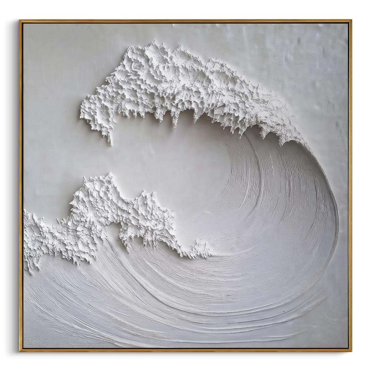 White Sculpted Wave focuses on this hand-painted textured canvas features abstract plaster relief, carved organic movement, layered neutral surfaces, and sculptural handmade texture, built with raised palette-knife texture, layered brushwork, and sculptural plaster-like depth. The composition is described from the actual main image, so the visible subject, color balance, spacing, and surface movement stay specific to this product instead of reading like a batch title. Raised palette-knife