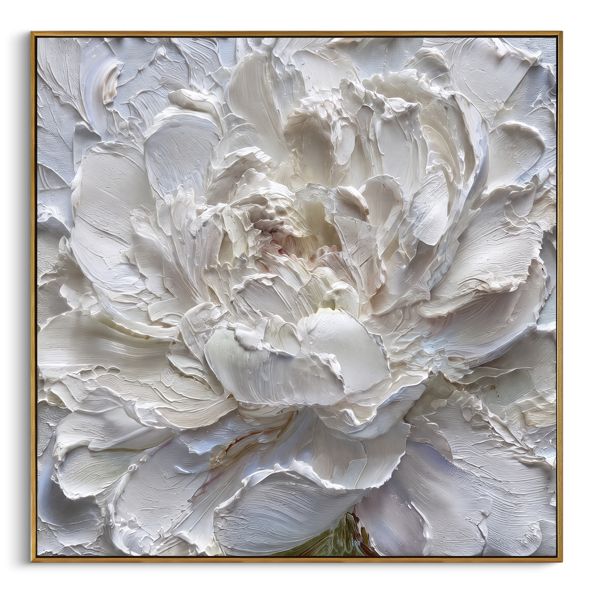 White Impasto Flower focuses on this hand-painted textured canvas features abstract plaster relief, carved organic movement, layered neutral surfaces, and sculptural handmade texture, built with raised palette-knife texture, layered brushwork, and sculptural plaster-like depth. The composition is described from the actual main image, so the visible subject, color balance, spacing, and surface movement stay specific to this product instead of reading like a batch title. Raised palette-knife