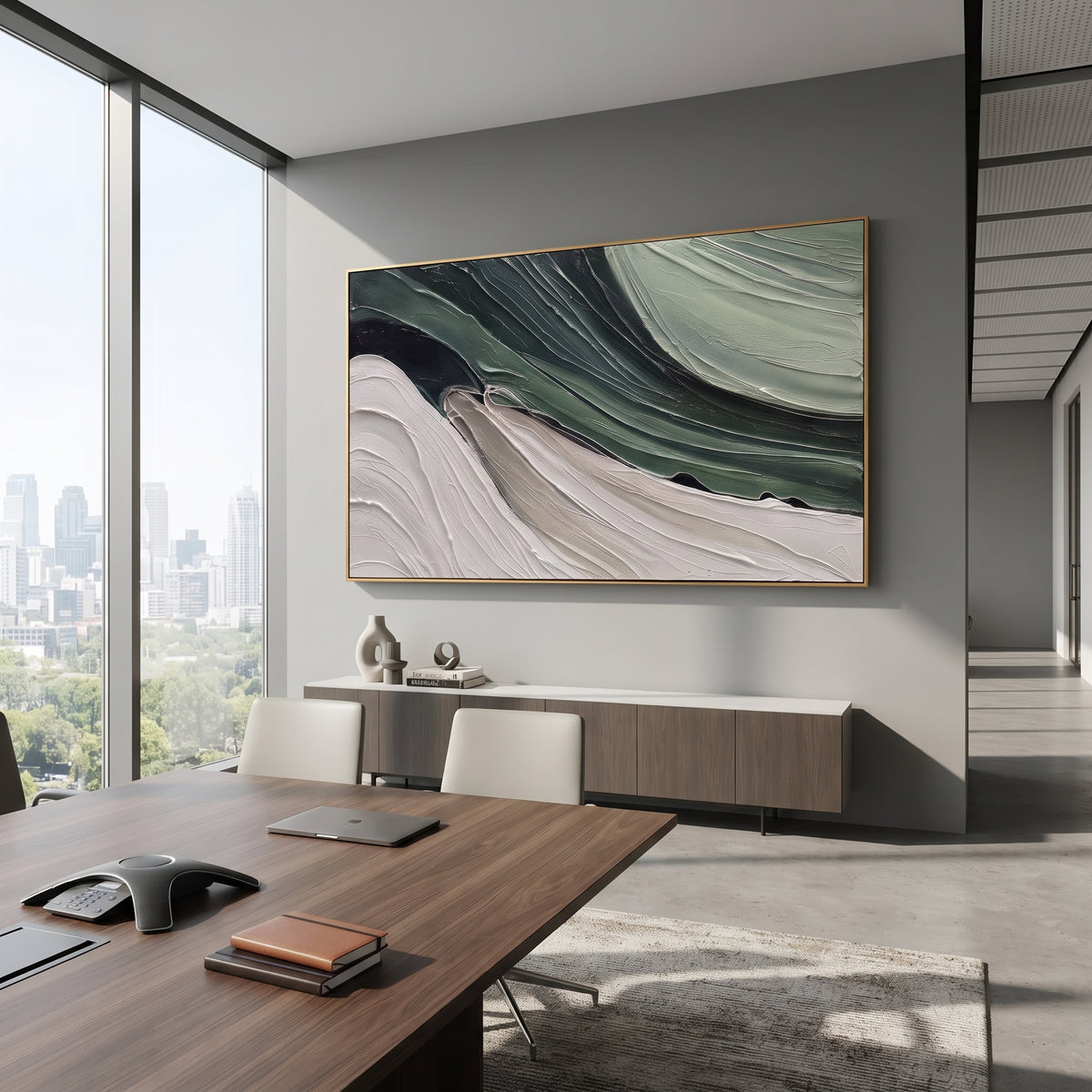Deep Green Flow Relief focuses on this hand-painted textured canvas features layered landscape forms, softened horizon movement, mineral earth tones, and tactile raised terrain, built with raised palette-knife texture, layered brushwork, and sculptural plaster-like depth. The composition is described from the actual main image, so the visible subject, color balance, spacing, and surface movement stay specific to this product instead of reading like a batch title. Raised palette-knife layers