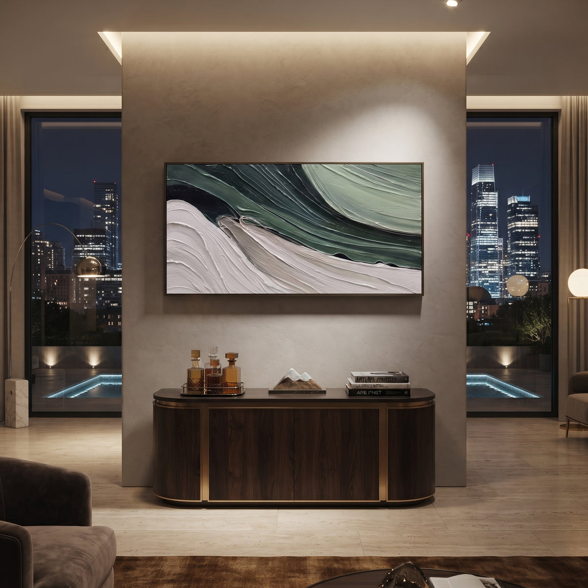 Deep Green Flow Relief focuses on this hand-painted textured canvas features layered landscape forms, softened horizon movement, mineral earth tones, and tactile raised terrain, built with raised palette-knife texture, layered brushwork, and sculptural plaster-like depth. The composition is described from the actual main image, so the visible subject, color balance, spacing, and surface movement stay specific to this product instead of reading like a batch title. Raised palette-knife layers