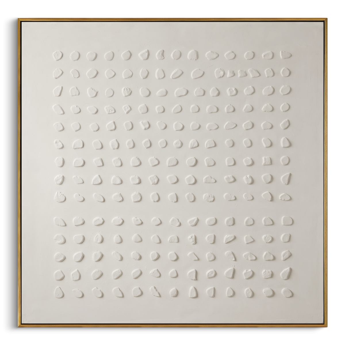 White Raised Dot Relief focuses on this hand-painted textured canvas features abstract plaster relief, carved organic movement, layered neutral surfaces, and sculptural handmade texture, built with raised palette-knife texture, layered brushwork, and sculptural plaster-like depth. The composition is described from the actual main image, so the visible subject, color balance, spacing, and surface movement stay specific to this product instead of reading like a batch title. Raised palette-knife