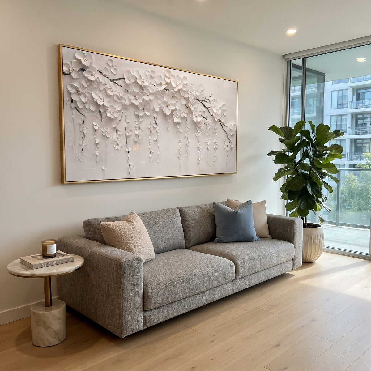 White Blossom Branch Relief focuses on this hand-painted textured canvas features abstract plaster relief, carved organic movement, layered neutral surfaces, and sculptural handmade texture, built with raised palette-knife texture, layered brushwork, and sculptural plaster-like depth. The composition is described from the actual main image, so the visible subject, color balance, spacing, and surface movement stay specific to this product instead of reading like a batch title. Raised