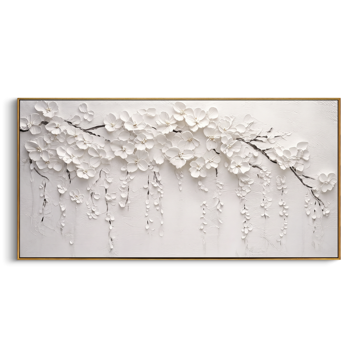 White Blossom Branch Relief focuses on this hand-painted textured canvas features abstract plaster relief, carved organic movement, layered neutral surfaces, and sculptural handmade texture, built with raised palette-knife texture, layered brushwork, and sculptural plaster-like depth. The composition is described from the actual main image, so the visible subject, color balance, spacing, and surface movement stay specific to this product instead of reading like a batch title. Raised