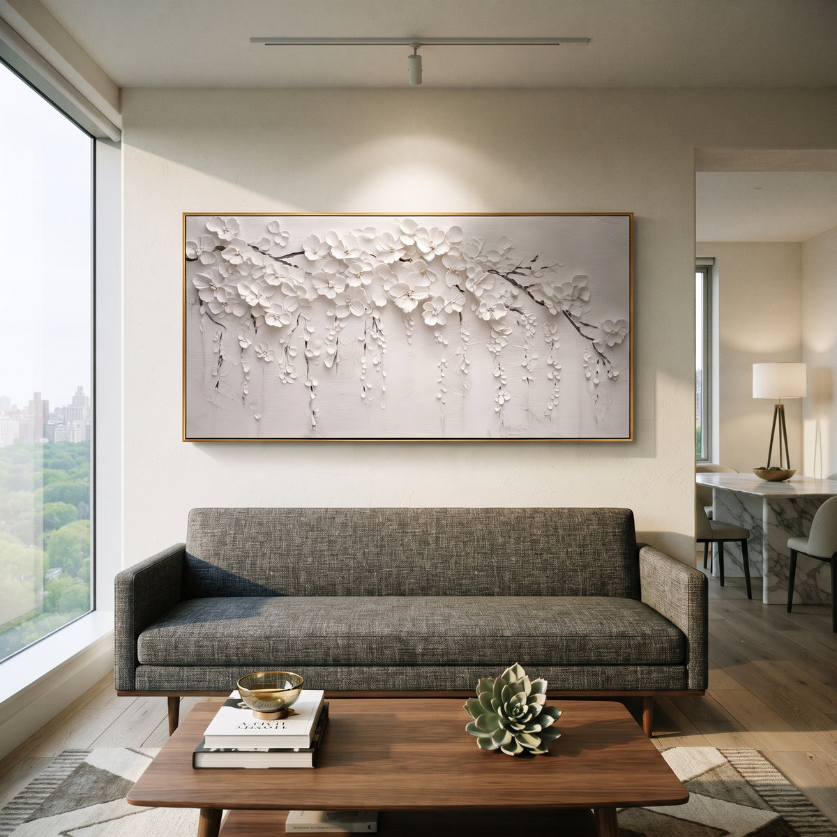 White Blossom Branch Relief focuses on this hand-painted textured canvas features abstract plaster relief, carved organic movement, layered neutral surfaces, and sculptural handmade texture, built with raised palette-knife texture, layered brushwork, and sculptural plaster-like depth. The composition is described from the actual main image, so the visible subject, color balance, spacing, and surface movement stay specific to this product instead of reading like a batch title. Raised