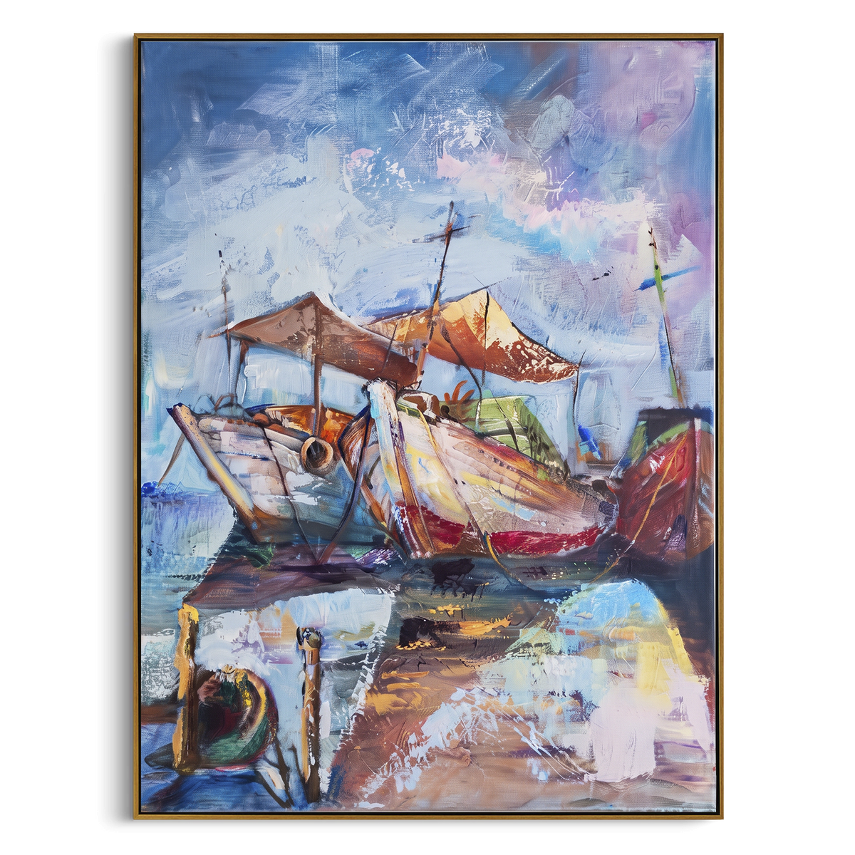 Colorful Sailboats Harbor focuses on this hand-painted textured canvas features coastal surf, raised seafoam, shoreline movement, and layered blue-green water texture, built with raised palette-knife texture, layered brushwork, and sculptural plaster-like depth. The composition is described from the actual main image, so the visible subject, color balance, spacing, and surface movement stay specific to this product instead of reading like a batch title. Raised palette-knife layers, sculpted