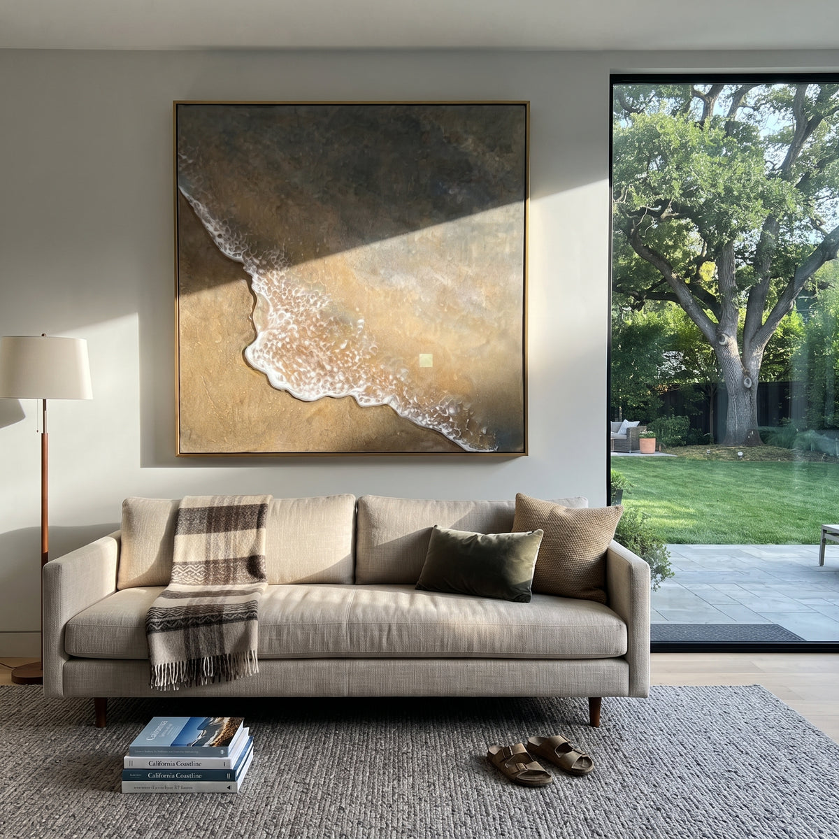Foamy Shoreline Wave focuses on this hand-painted textured canvas features geometric relief forms, carved linework, layered plaster blocks, and measured modern surface rhythm, built with raised palette-knife texture, layered brushwork, and sculptural plaster-like depth. The composition is described from the actual main image, so the visible subject, color balance, spacing, and surface movement stay specific to this product instead of reading like a batch title. Raised palette-knife layers