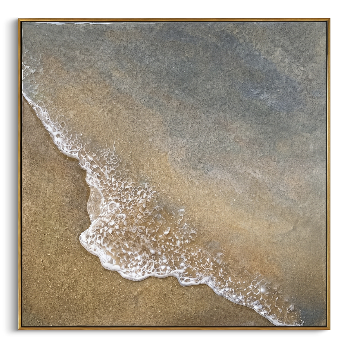 Foamy Shoreline Wave focuses on this hand-painted textured canvas features geometric relief forms, carved linework, layered plaster blocks, and measured modern surface rhythm, built with raised palette-knife texture, layered brushwork, and sculptural plaster-like depth. The composition is described from the actual main image, so the visible subject, color balance, spacing, and surface movement stay specific to this product instead of reading like a batch title. Raised palette-knife layers