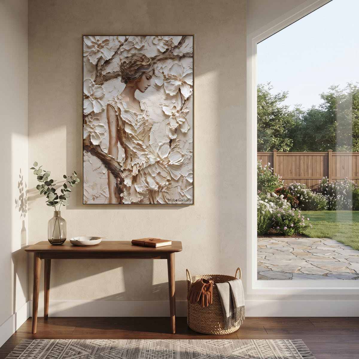 Floral Woman Relief Portrait focuses on this hand-painted textured canvas features geometric relief forms, carved linework, layered plaster blocks, and measured modern surface rhythm, built with raised palette-knife texture, layered brushwork, and sculptural plaster-like depth. The composition is described from the actual main image, so the visible subject, color balance, spacing, and surface movement stay specific to this product instead of reading like a batch title. Raised palette-knife