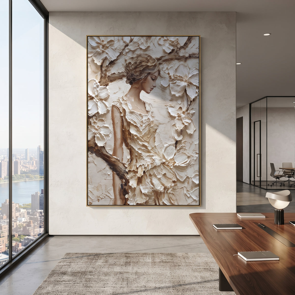 Floral Woman Relief Portrait focuses on this hand-painted textured canvas features geometric relief forms, carved linework, layered plaster blocks, and measured modern surface rhythm, built with raised palette-knife texture, layered brushwork, and sculptural plaster-like depth. The composition is described from the actual main image, so the visible subject, color balance, spacing, and surface movement stay specific to this product instead of reading like a batch title. Raised palette-knife