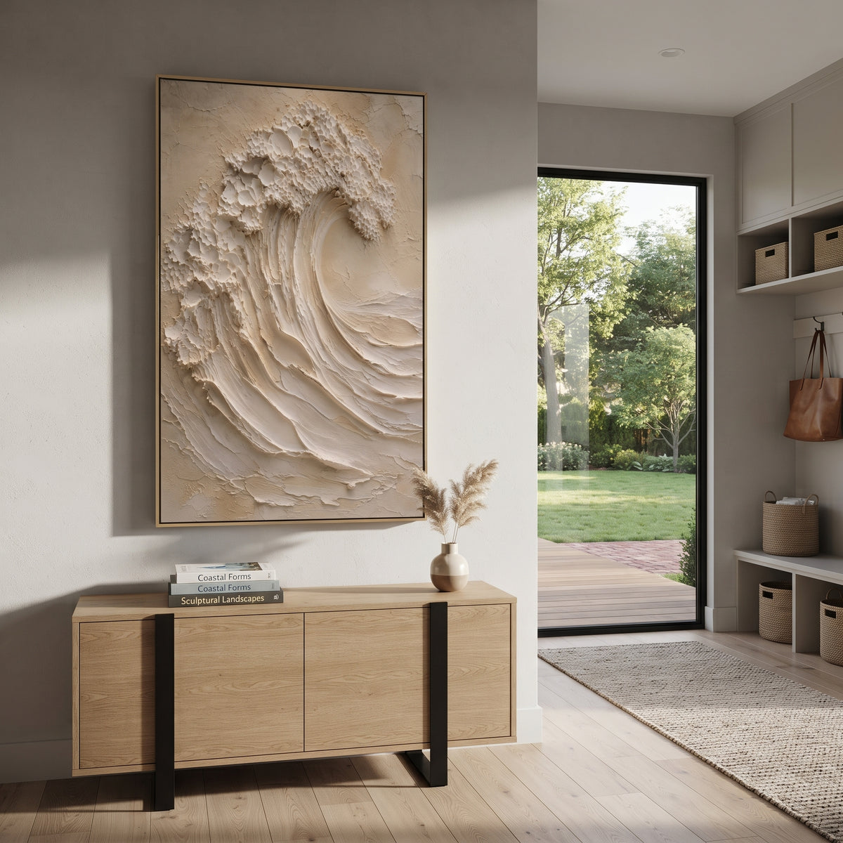 Beige Sculpted Wave focuses on this hand-painted textured canvas features geometric relief forms, carved linework, layered plaster blocks, and measured modern surface rhythm, built with raised palette-knife texture, layered brushwork, and sculptural plaster-like depth. The composition is described from the actual main image, so the visible subject, color balance, spacing, and surface movement stay specific to this product instead of reading like a batch title. Raised palette-knife layers