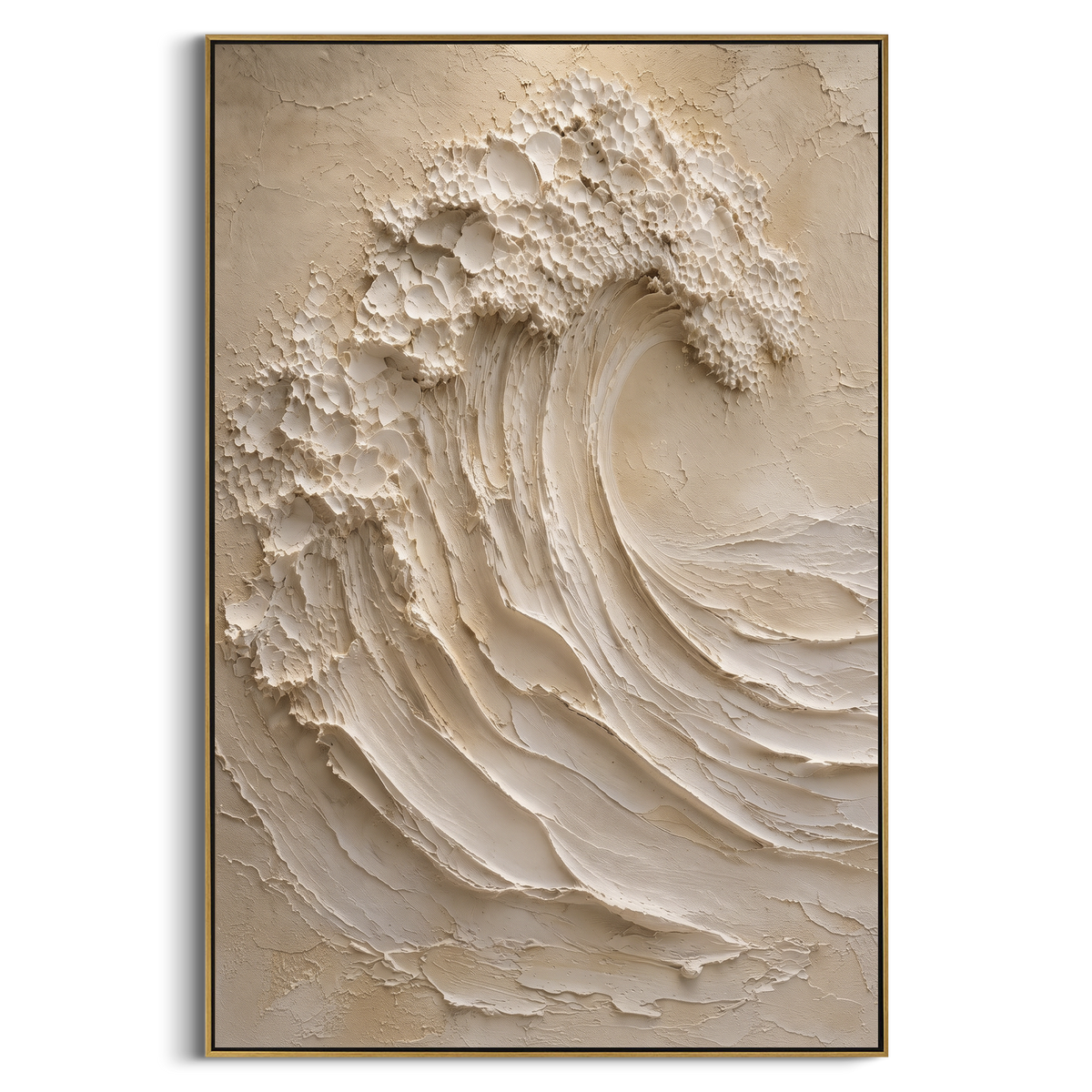Beige Sculpted Wave focuses on this hand-painted textured canvas features geometric relief forms, carved linework, layered plaster blocks, and measured modern surface rhythm, built with raised palette-knife texture, layered brushwork, and sculptural plaster-like depth. The composition is described from the actual main image, so the visible subject, color balance, spacing, and surface movement stay specific to this product instead of reading like a batch title. Raised palette-knife layers