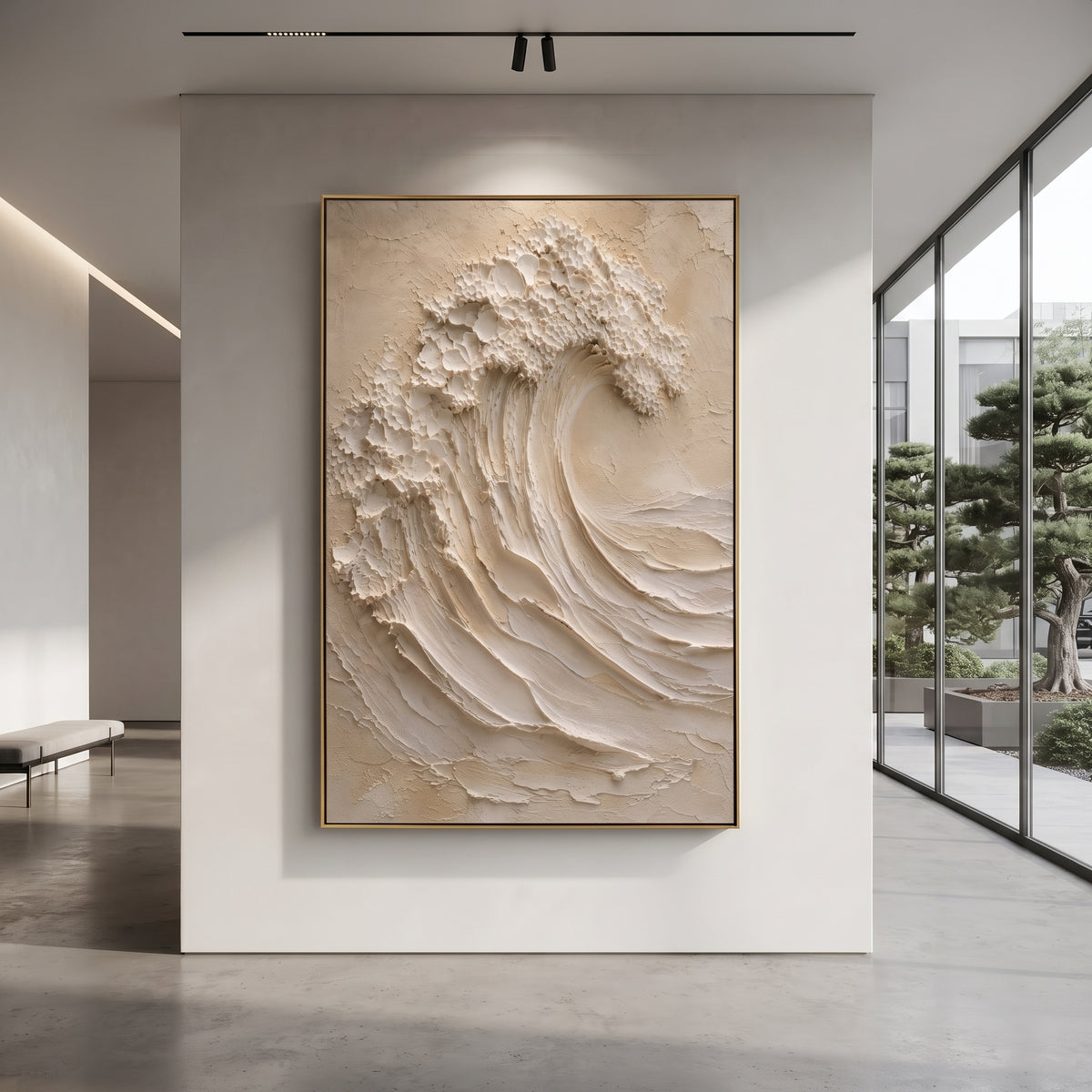 Beige Sculpted Wave focuses on this hand-painted textured canvas features geometric relief forms, carved linework, layered plaster blocks, and measured modern surface rhythm, built with raised palette-knife texture, layered brushwork, and sculptural plaster-like depth. The composition is described from the actual main image, so the visible subject, color balance, spacing, and surface movement stay specific to this product instead of reading like a batch title. Raised palette-knife layers