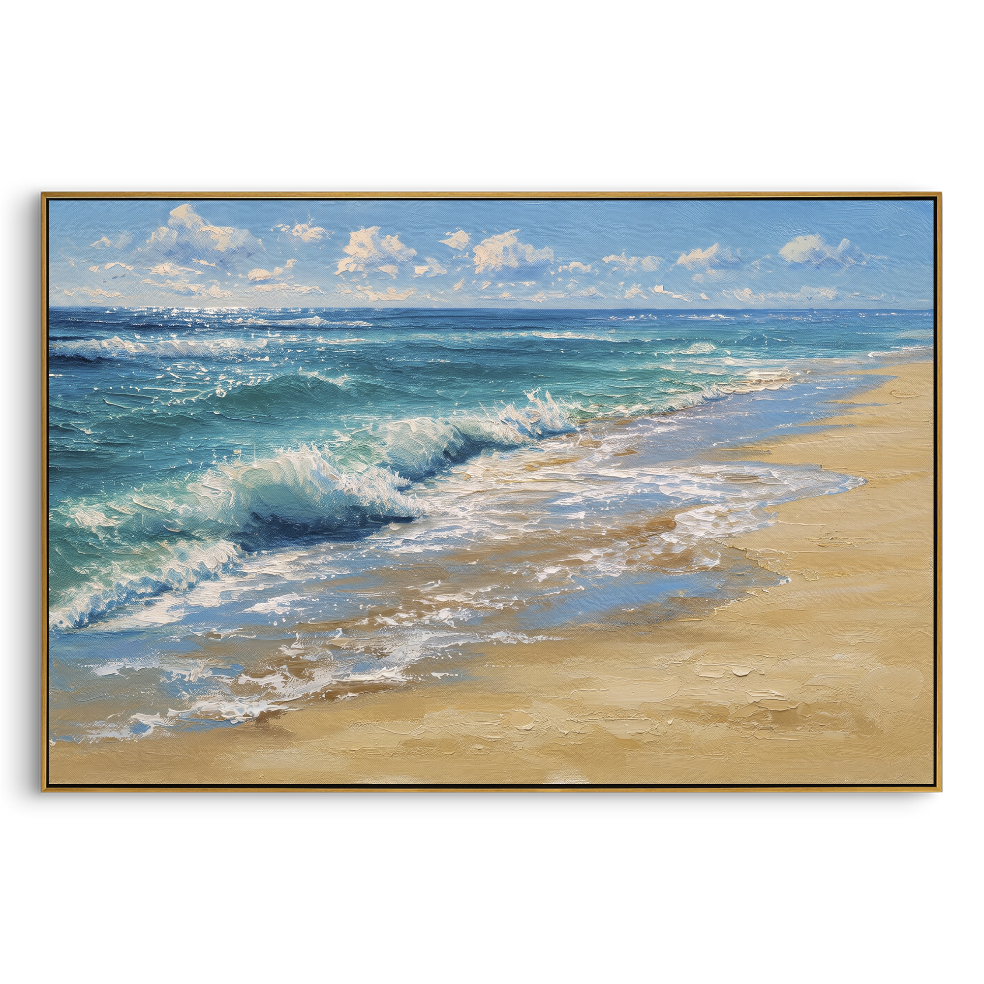 Sunny Beach Wave focuses on this hand-painted textured canvas features coastal surf, raised seafoam, shoreline movement, and layered blue-green water texture, built with raised palette-knife texture, layered brushwork, and sculptural plaster-like depth. The composition is described from the actual main image, so the visible subject, color balance, spacing, and surface movement stay specific to this product instead of reading like a batch title. Raised palette-knife layers, sculpted impasto