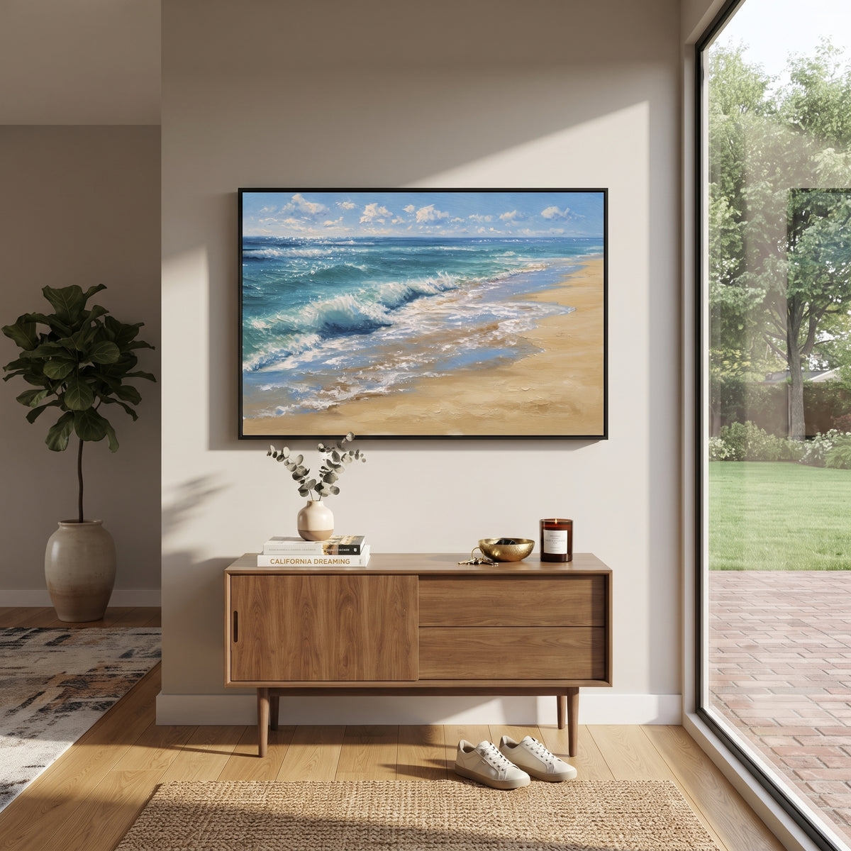 Sunny Beach Wave focuses on this hand-painted textured canvas features coastal surf, raised seafoam, shoreline movement, and layered blue-green water texture, built with raised palette-knife texture, layered brushwork, and sculptural plaster-like depth. The composition is described from the actual main image, so the visible subject, color balance, spacing, and surface movement stay specific to this product instead of reading like a batch title. Raised palette-knife layers, sculpted impasto