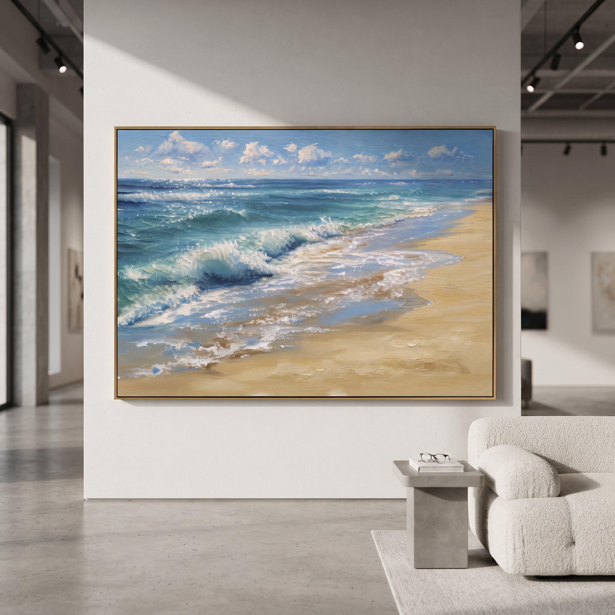 Sunny Beach Wave focuses on this hand-painted textured canvas features coastal surf, raised seafoam, shoreline movement, and layered blue-green water texture, built with raised palette-knife texture, layered brushwork, and sculptural plaster-like depth. The composition is described from the actual main image, so the visible subject, color balance, spacing, and surface movement stay specific to this product instead of reading like a batch title. Raised palette-knife layers, sculpted impasto