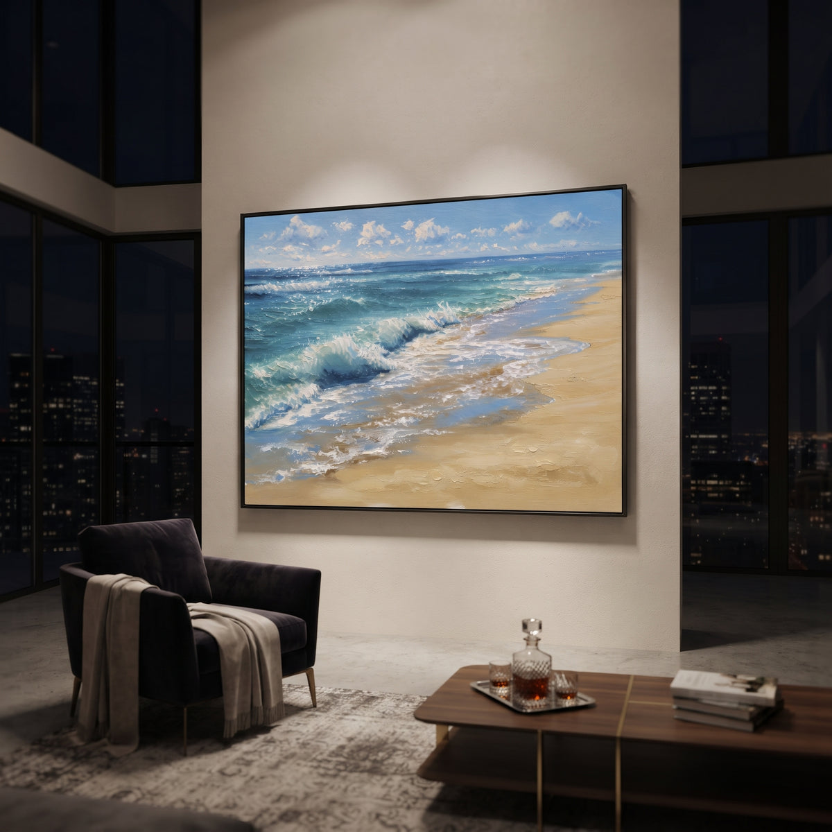 Sunny Beach Wave focuses on this hand-painted textured canvas features coastal surf, raised seafoam, shoreline movement, and layered blue-green water texture, built with raised palette-knife texture, layered brushwork, and sculptural plaster-like depth. The composition is described from the actual main image, so the visible subject, color balance, spacing, and surface movement stay specific to this product instead of reading like a batch title. Raised palette-knife layers, sculpted impasto